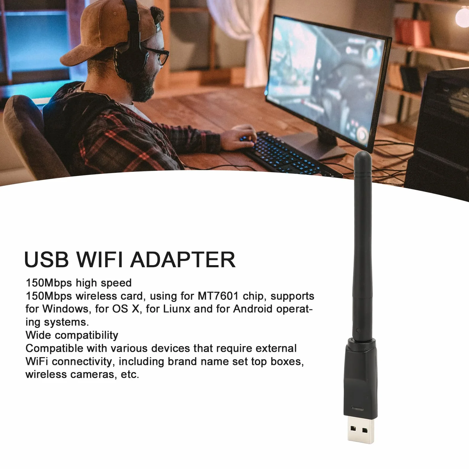 Bezprzewodowa Karta Sieciowa USB MT7601 ze zintegrowaną anteną dla Systemu, Odbiornik WIFI 150 Mb/s Komputerowa Karta Sieci Bezprzewodowej 7601 Chip.