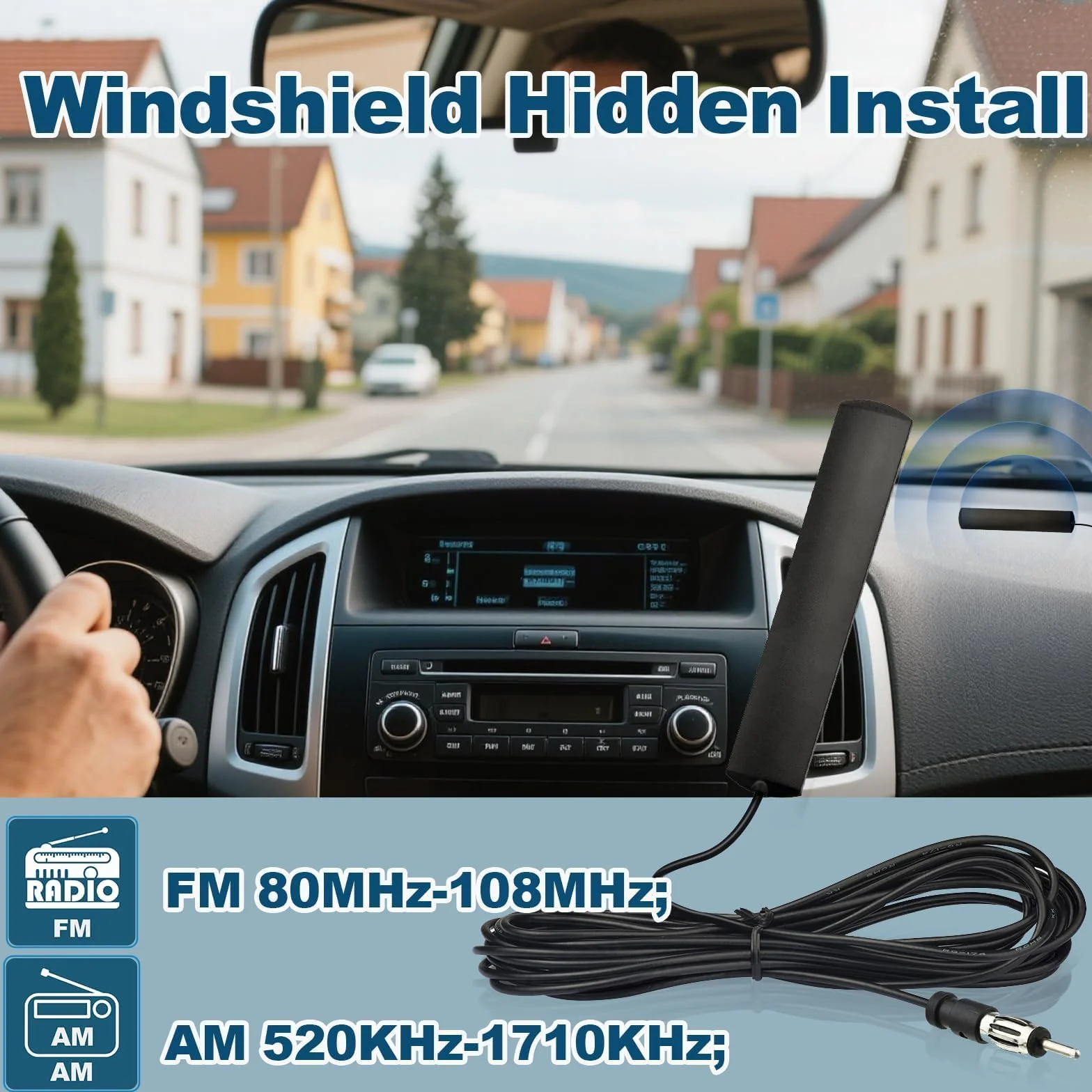 Bingfu Samochodowa antena radiowa FM Uniwersalna samochodowa antena stereo Wtyczka DIN Ukryta naklejka na przednią szybę z kablem przedłużającym 3 metry/9,84 stopy do pojazdu Auto Ciężarówka SUV Radio