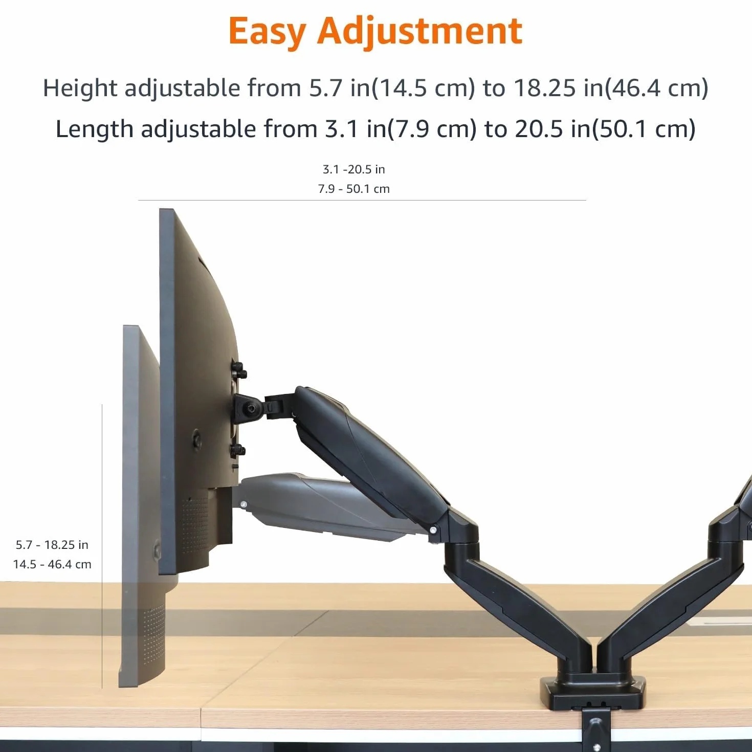 Amazon Basics Uchwyt Biurkowy na Dwa Monitory Komputerowe, Ramię Monitora ze Sprężyną Gazową, Regulacja, do Monitorów o Przekątnej do 27 Cali (68,6 cm), Czarny