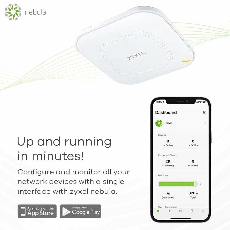 Zyxel WiFi 6 AX1800 Bezprzewodowy Punkt Dostępowy | Technologia 802.11ax | 1,77 Gb/s | ODFMA i podwójną anteną MU-MIMO 2×2 | Zarządzany Przez Aplikację/Chmurę Nebula lub Autonomicznie [NWA50AX]