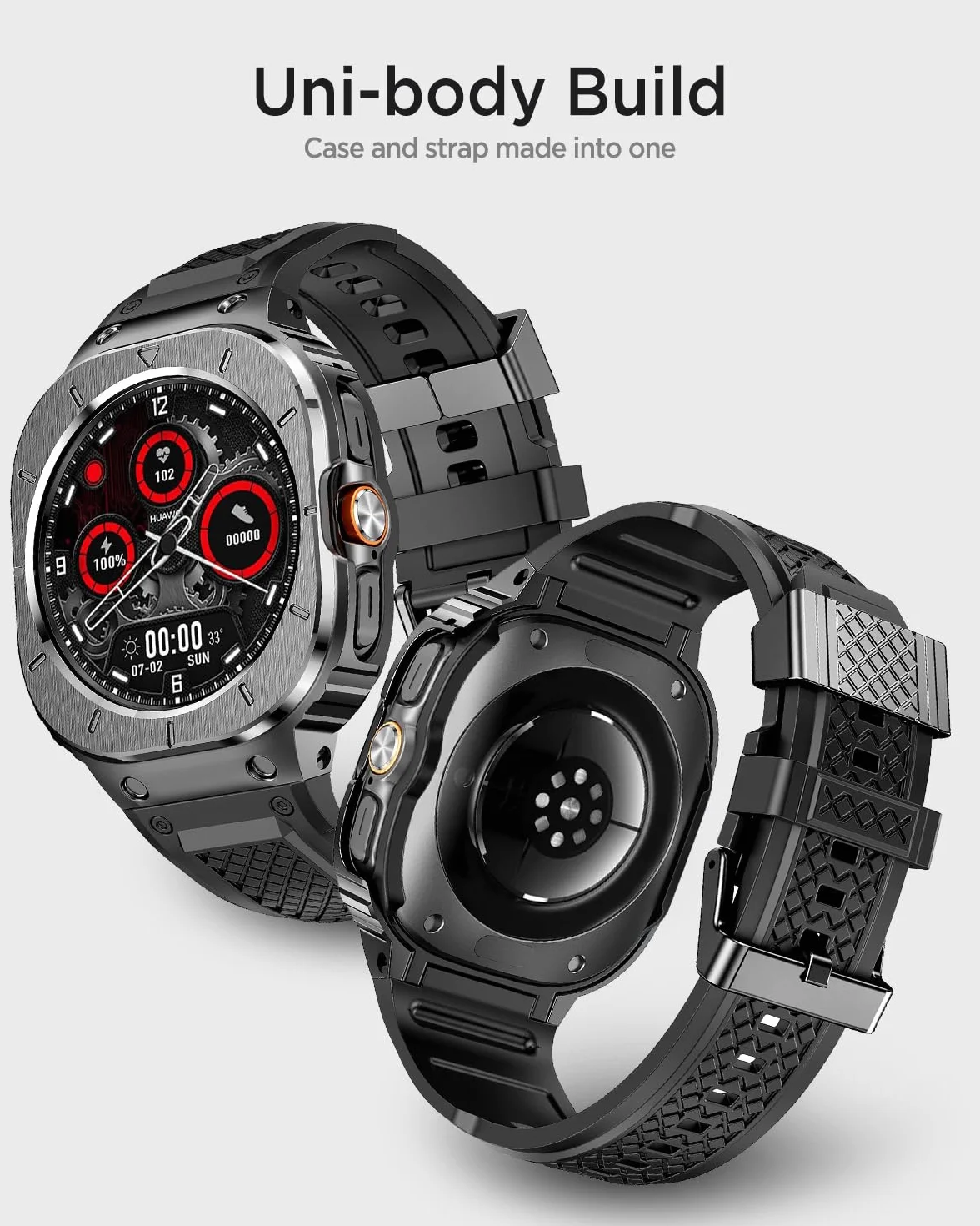 Miimall Jednoczęściowy pasek z etui do Samsung Galaxy Watch Ultra 47 mm, silikonowy pasek z obudową ze stali nierdzewnej i metalową klamrą, pełna ochrona Samsung Watch Ultra pasek i etui dla mężczyzn