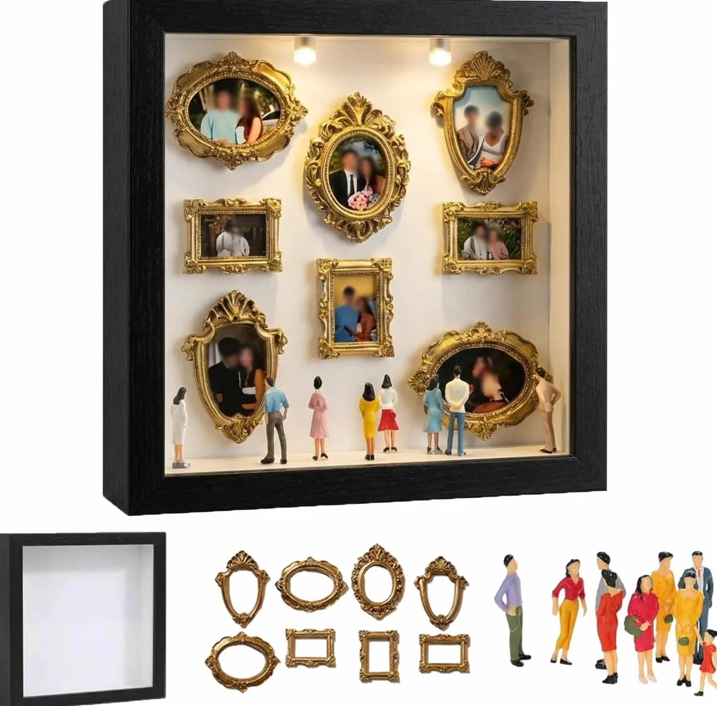 DIY Mini Muzeum Silueta Box, Zestaw Wyświetlacza Pamięci Z 8 Mini Złotymi Ramkami I 8 Losowymi Figurkami, Kreatywna Ramka Na Obrazy Z Oświetleniem LED Na Rocznicę, Ślub, Dekoracja Domu