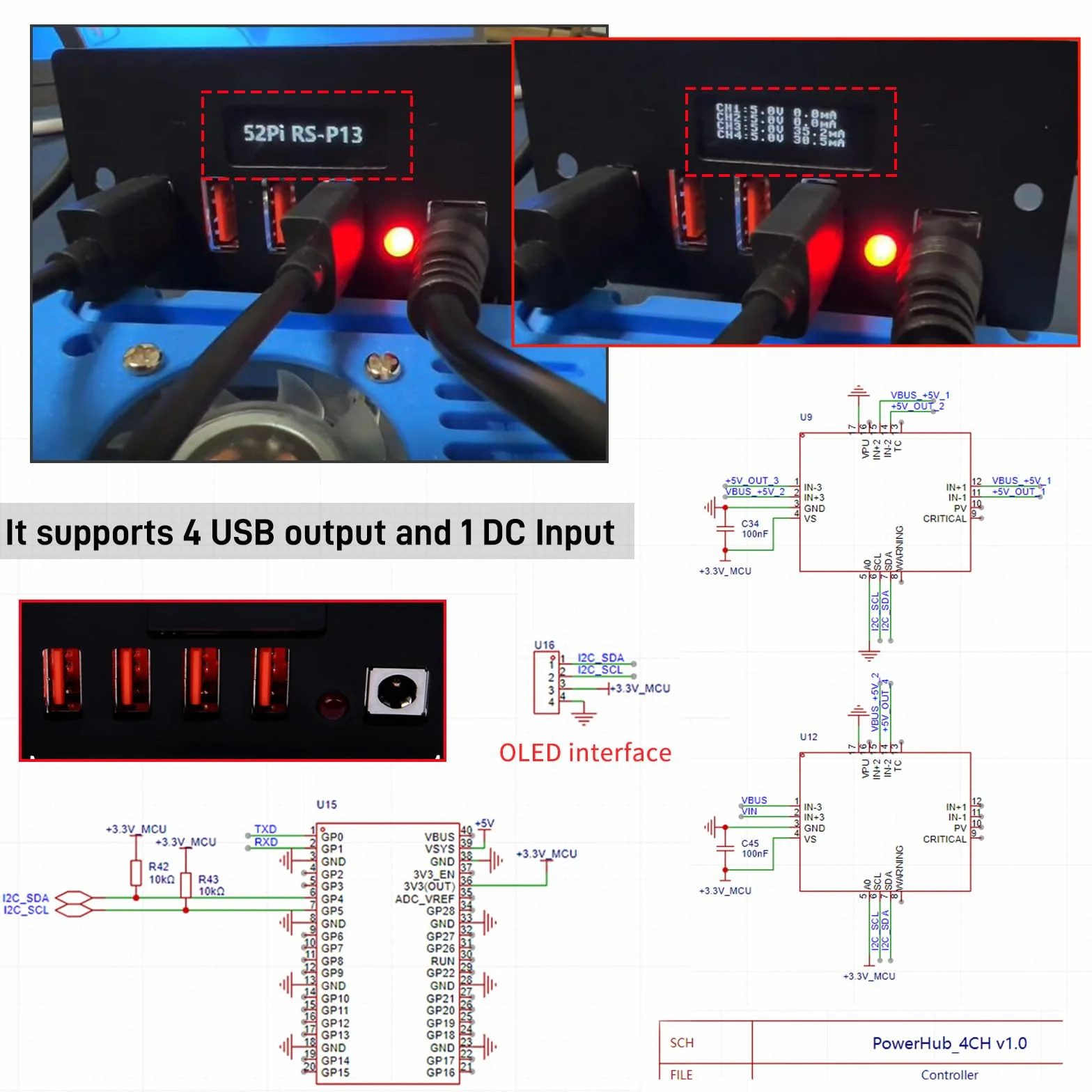 GeeekPi 4 USB Channel 5V Moduł zasilania dla 19-calowego 1U Rackmount