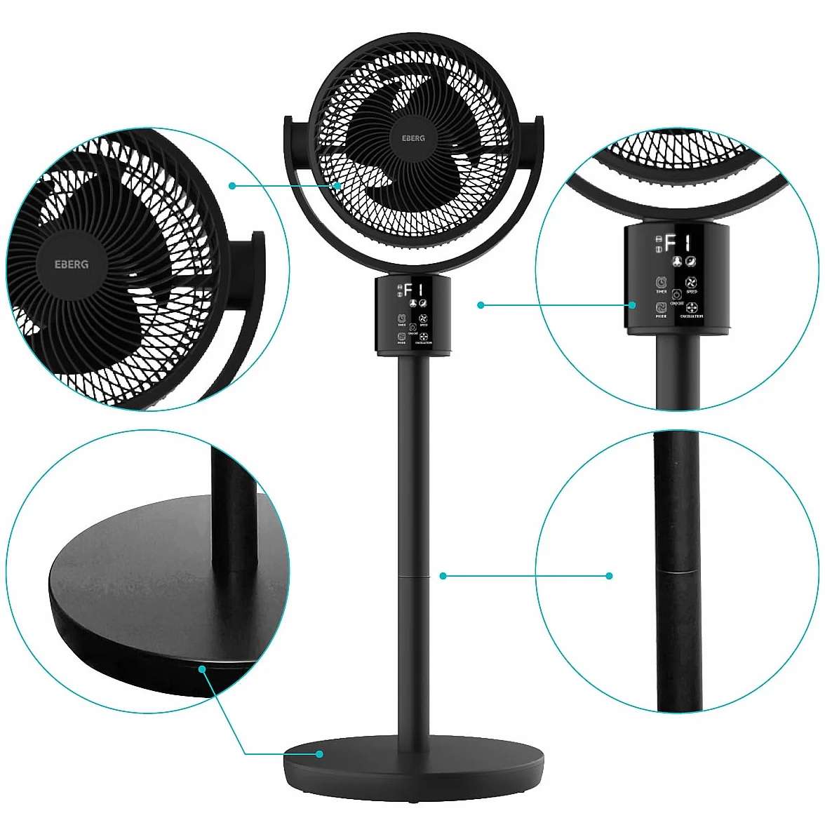 EBERG GOX wentylator stojący 4D z pilotem i timerem 15h, oscylacja, regulowana wysokość 64,5-92 cm, czarny