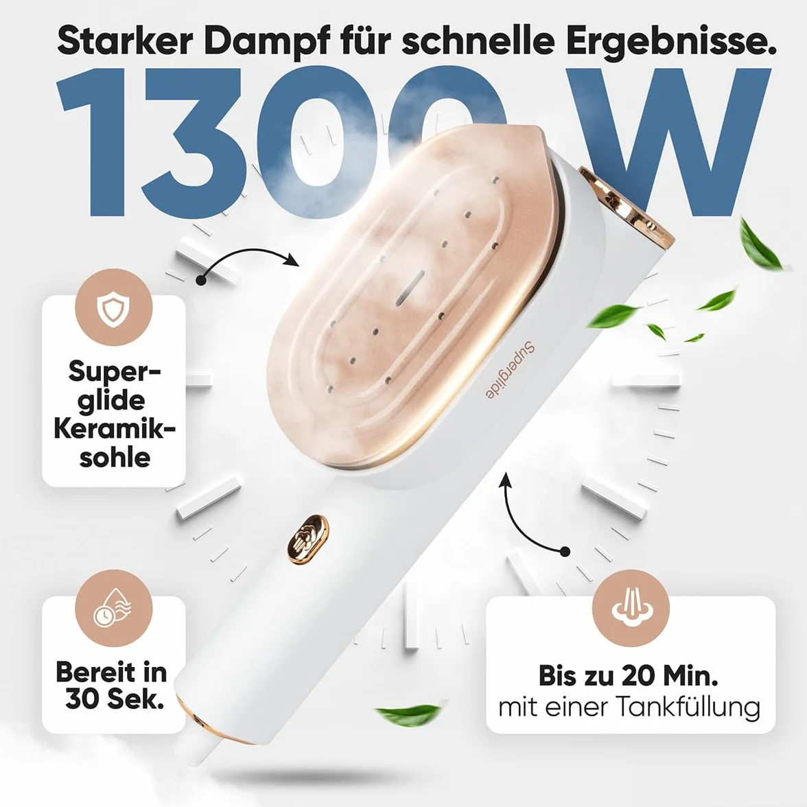 Proficare, żelazko podróżne i parownica 2 w 1 PC-DG3124, 1300 W, ceramiczna stopa Superglide, zbiornik 80 ml, czas nagrzewania 30 s, stała para 20 g/min, kabel 1,90 m