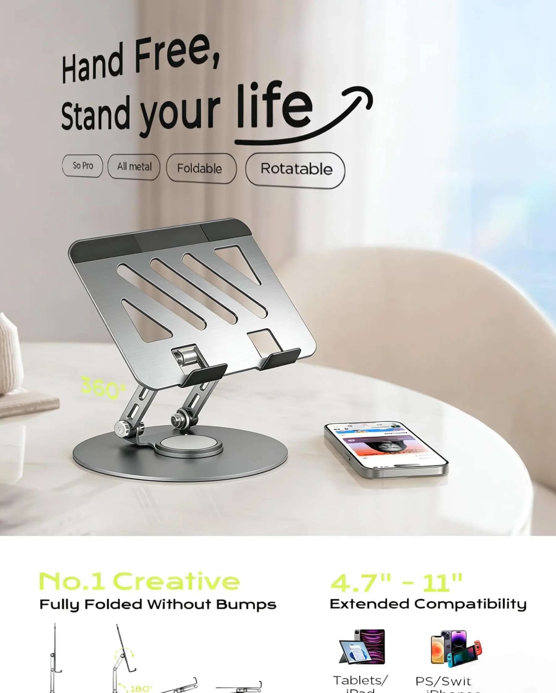 Stojak na tablet, obracany o 360°, regulowany, aluminiowy uchwyt na tablet, składany aluminiowy uchwyt na tablet iPad Pro, Air, Mini/Samsung Galaxy Tab/Kindle i wielu innych (10,2-33 cm)