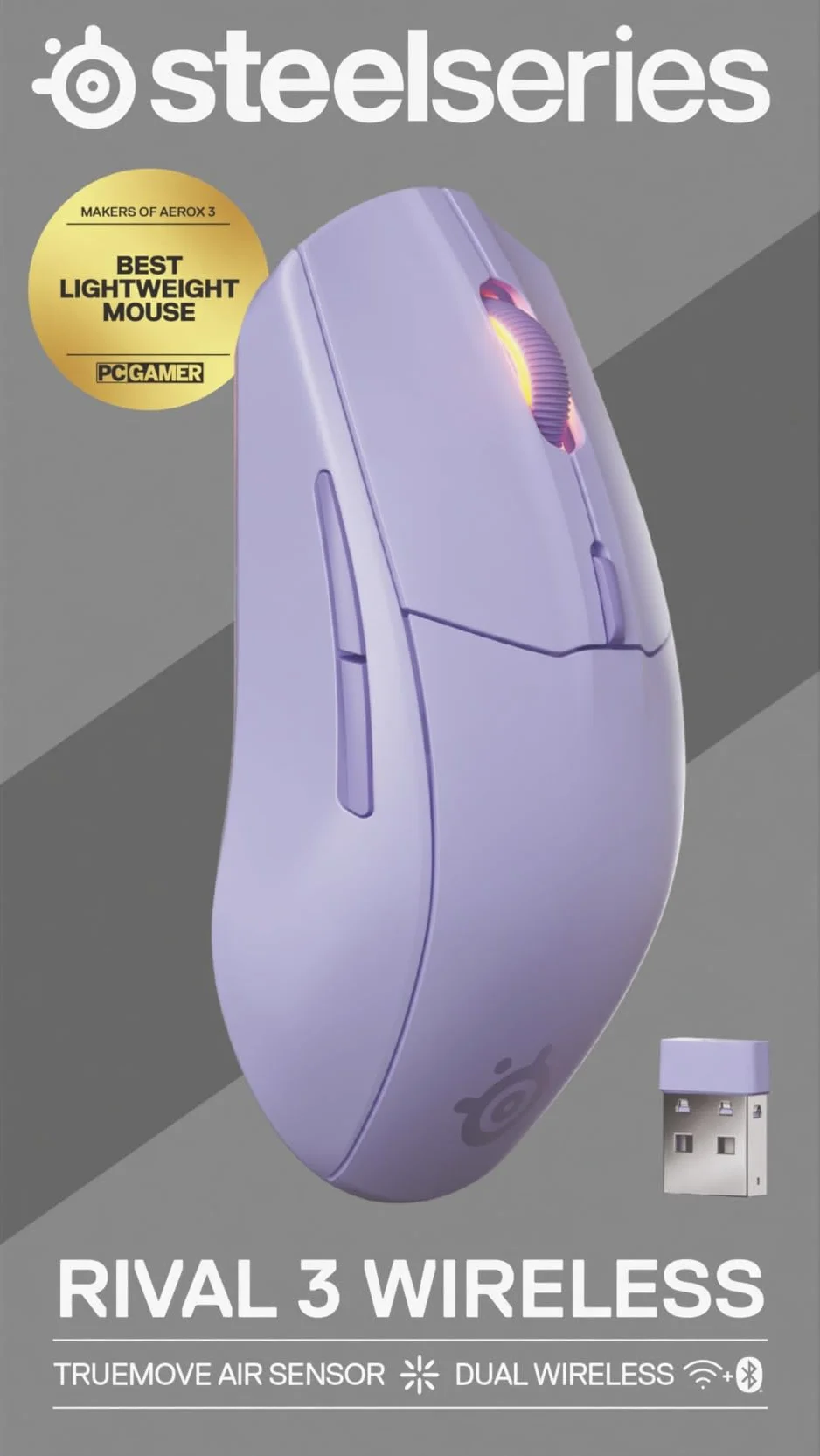 SteelSeries Rival 3 Wireless Gen 2 mysz do gier 2,4 GHz Bluetooth TrueMove Air 18000 DPI 60M kliknięć PTFE Lavendowy