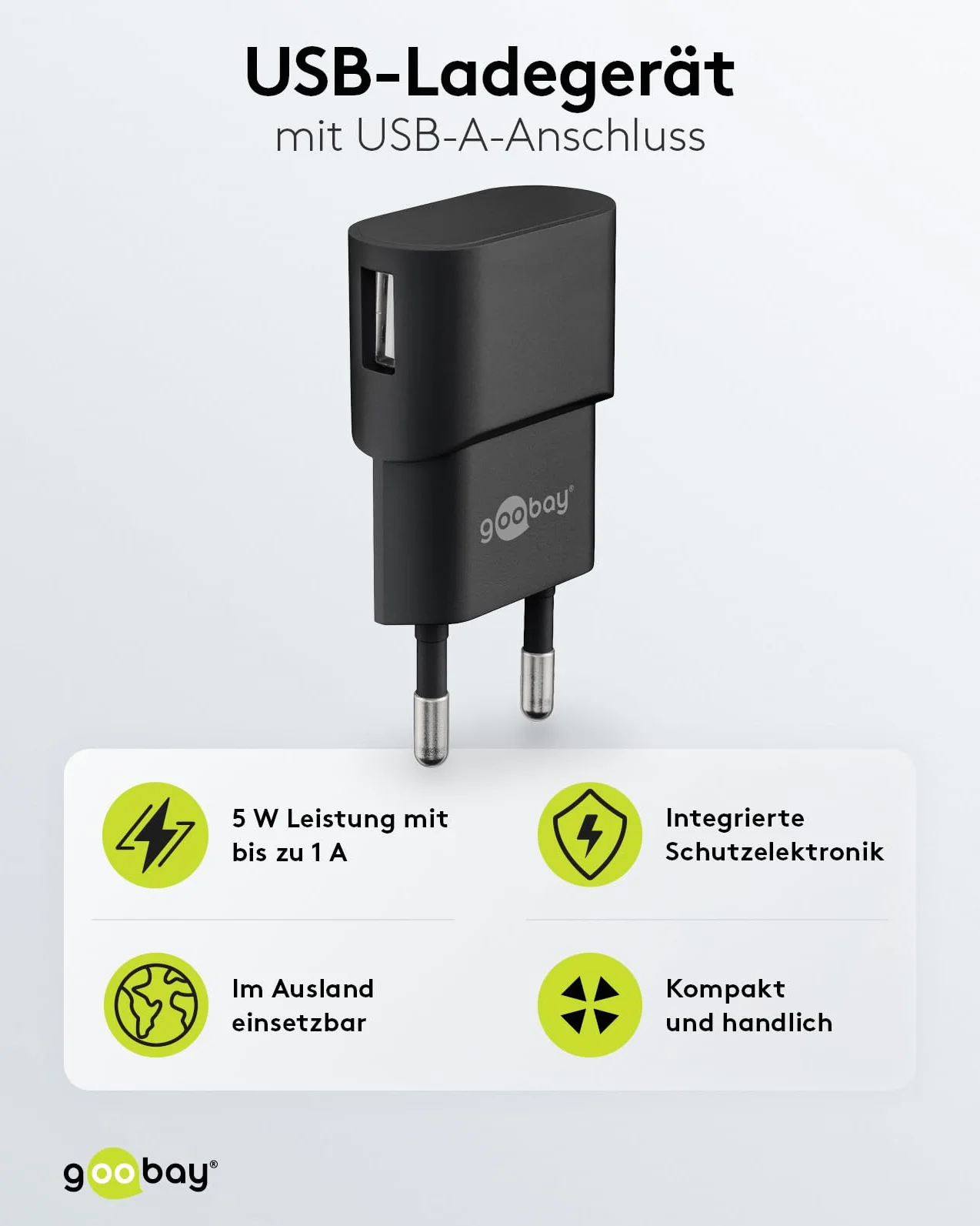 goobay 44947 ładowarka USB 5 W, kompaktowy zasilacz sieciowy z 1 A, pojedynczy adapter USB-A, idealna do ładowania iPhone’a, słuchawek i smartwatcha, czarna