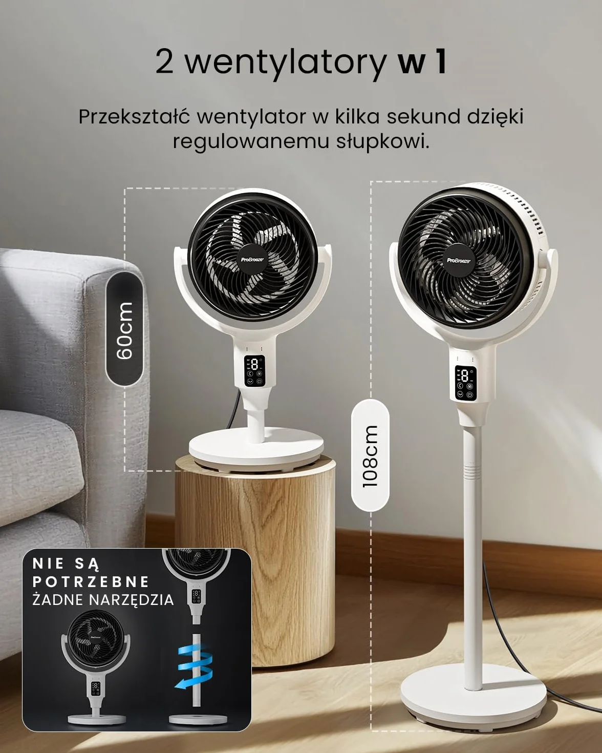 Wentylator stojący Pro Breeze AirFlo Smart 108 cm – 29 dB Supercichy – Wyświetlacz LED, Aplikacja i Pilot, 2 Tryby, Oscylacja Pionowo-Pozioma – WiFi
