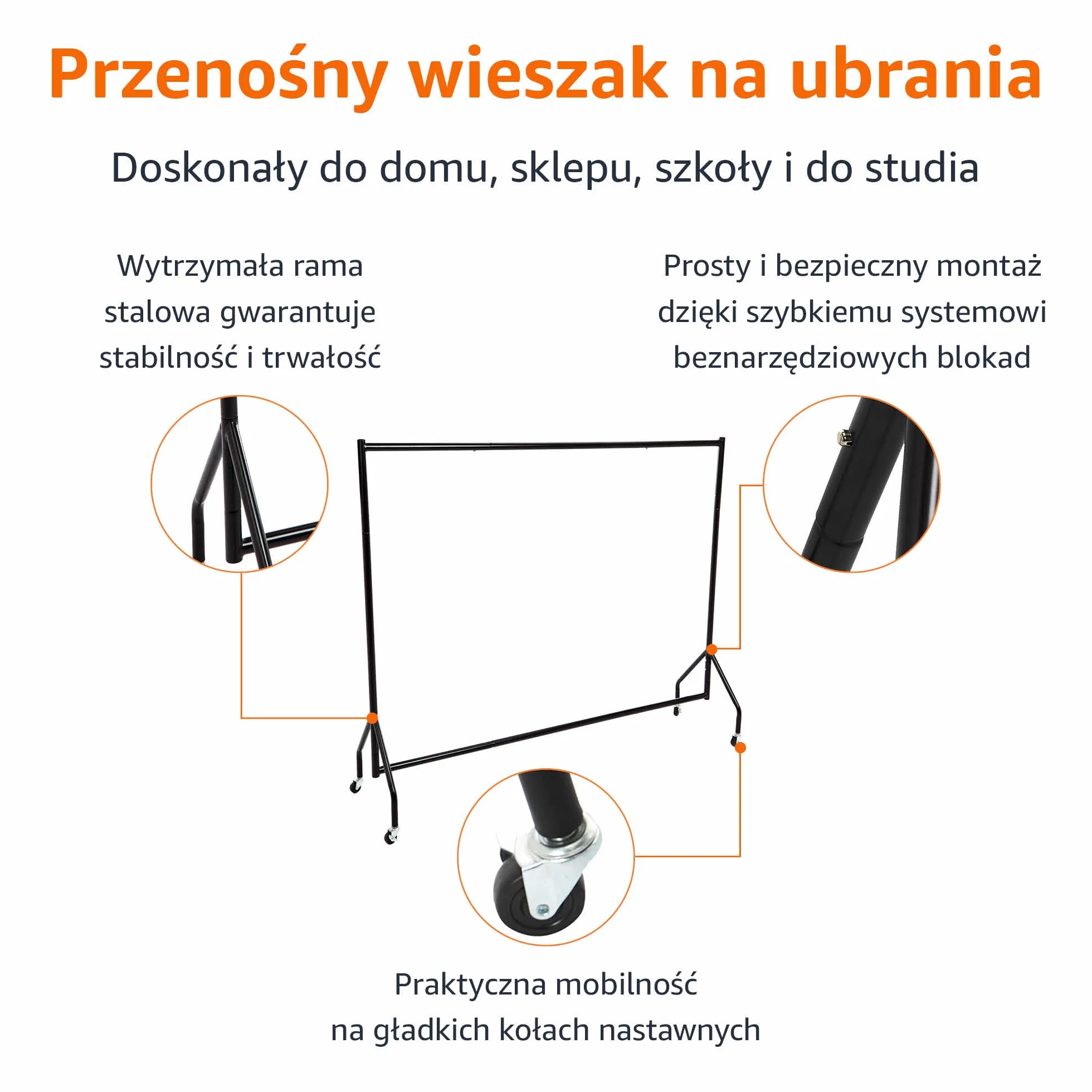 Amazon Basics Wytrzymały wieszak na ubrania, organizer do powieszania odzieży do prezentowania i przechowywania, czarny, 1.82 x 1.52 m