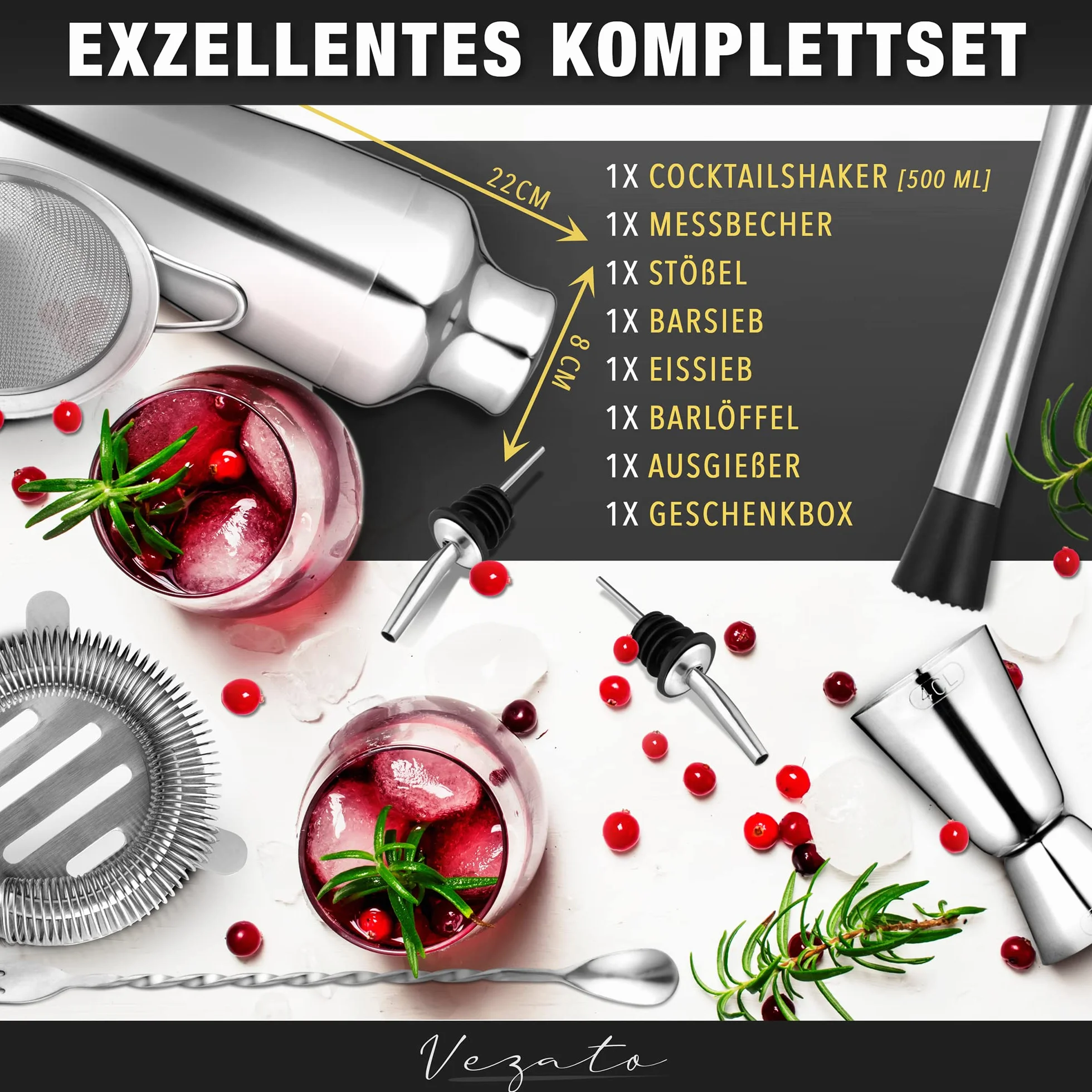 Vezato Zestaw shaker do koktajli ze stali nierdzewnej 750 ml – wysokiej jakości zestaw barmanów – nadaje się do mycia w zmywarce i nierdzewne akcesoria do koktajli – idealny zestaw do koktajli na