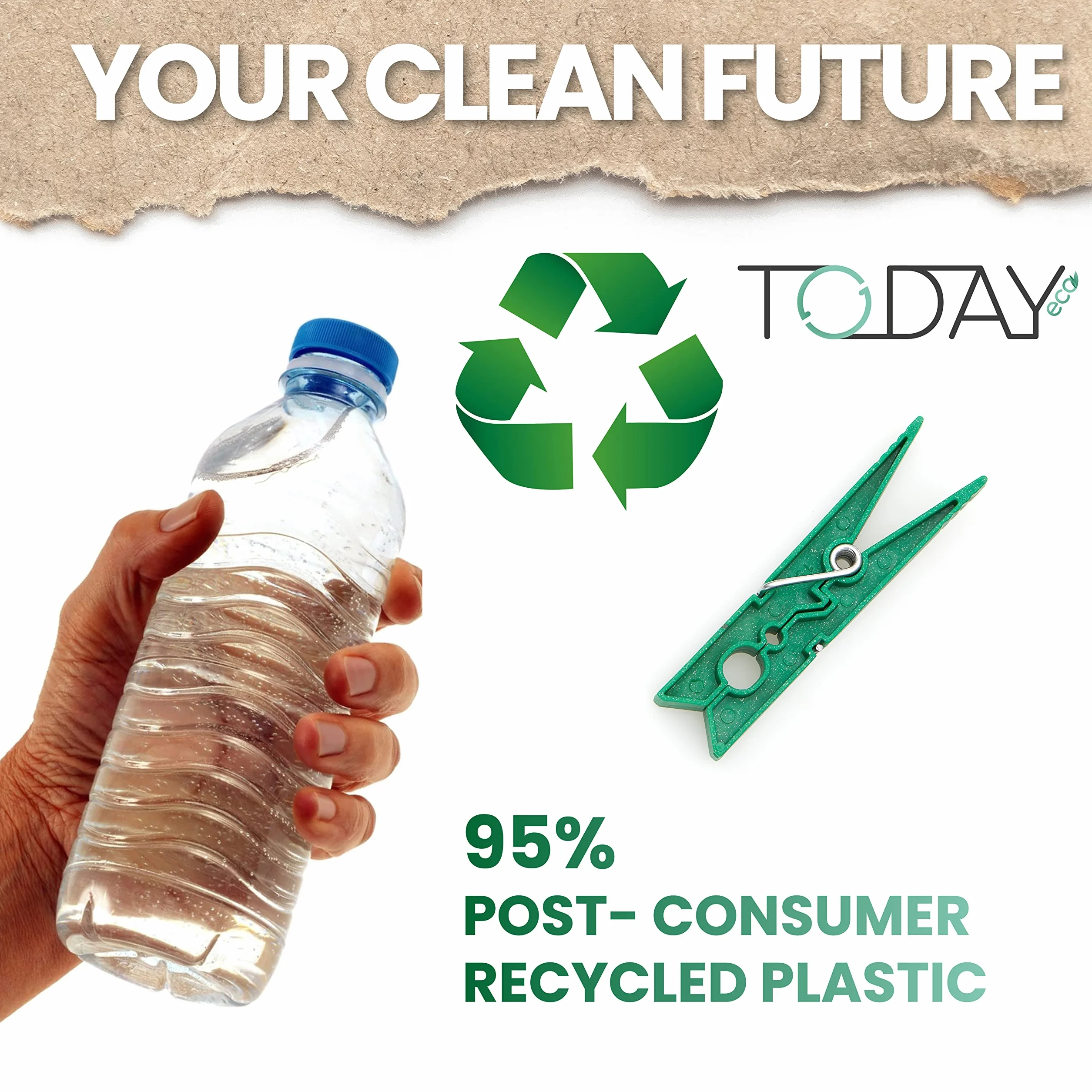 Today Eco - 40 spinaczy do bielizny. Ekologiczne, wykonane z tworzywa sztucznego pochodzącego w 95% z recyklingu, duże rozmiary, trwałe i wiatroodporne spinacze do bielizny - Kolor zielony