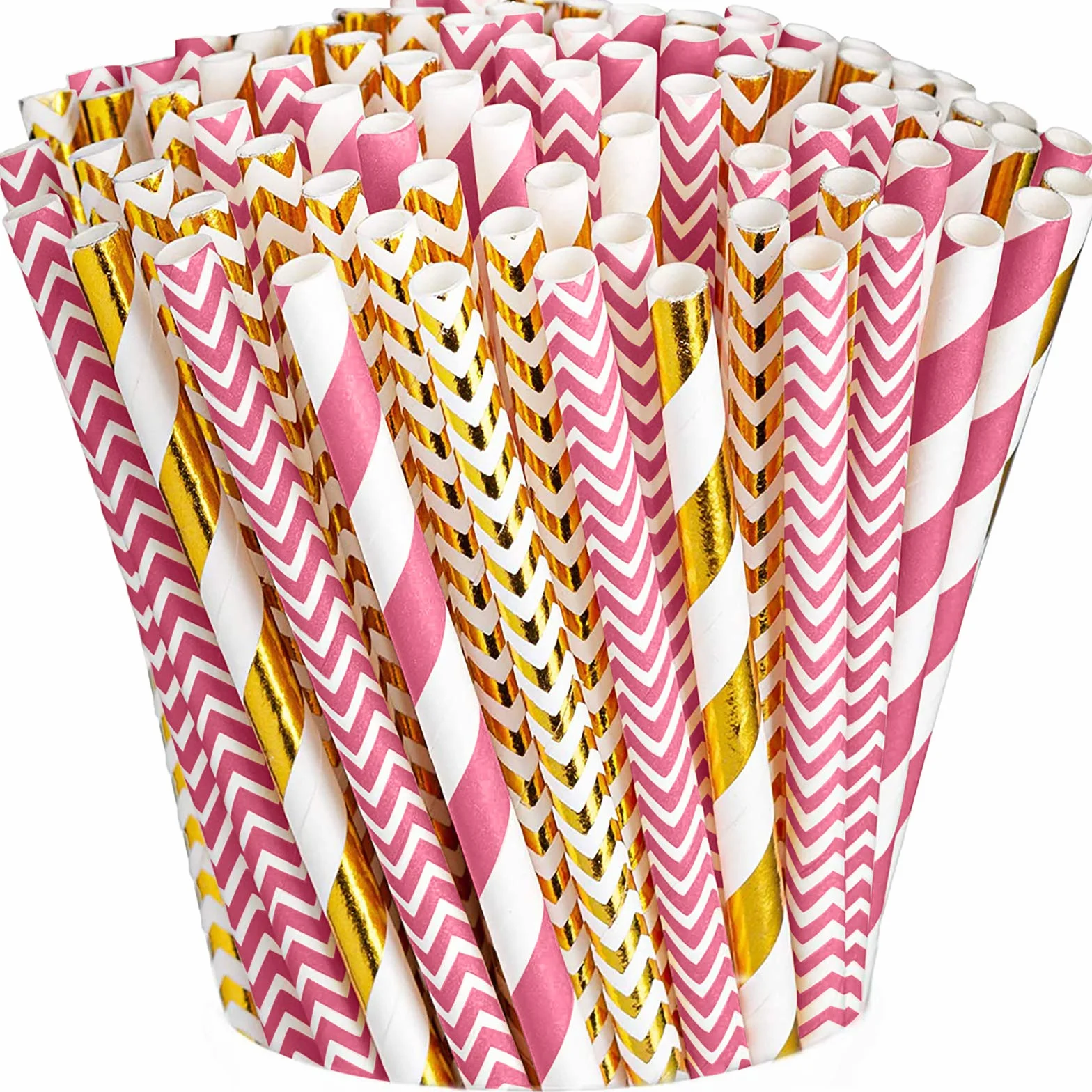 Comfy Package [200 Stück] Party-Trinkhalme aus Papier - 100% biologisch abbaubar - Verschiedene Muster - Rosa & Roségoldfarben