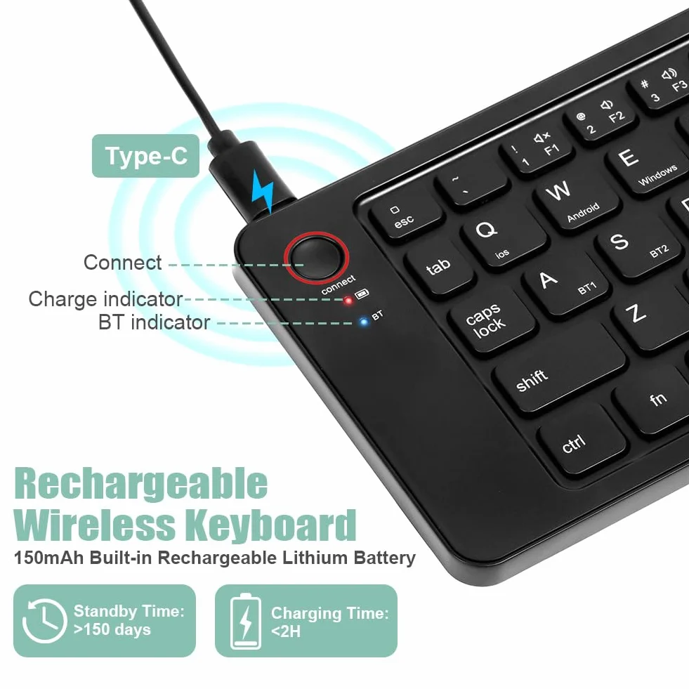 Aolso Składana klawiatura Bluetooth, lekka bezprzewodowa klawiatura, potrójne parowanie, przenośna klawiatura ładowalna do smartfonów/tabletów/PC/iPad/iPhone, systemu Windows, iOS, Android-czarny