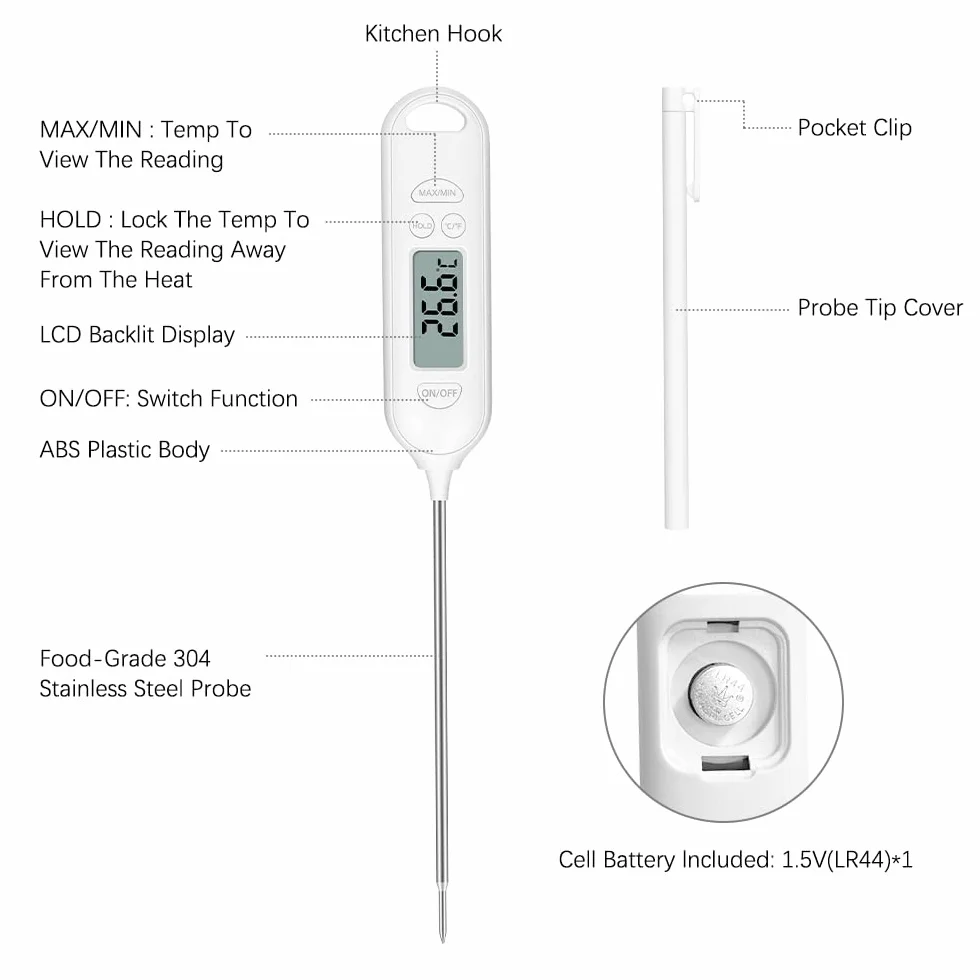 Flintronic Termometr do żywności, natychmiastowy odczyt, z ekranem LCD, automatyczne wyłączanie, wysoka dokładność, termometr do gotowania z °F/°C, bateria wchodzi w zakres dostawy