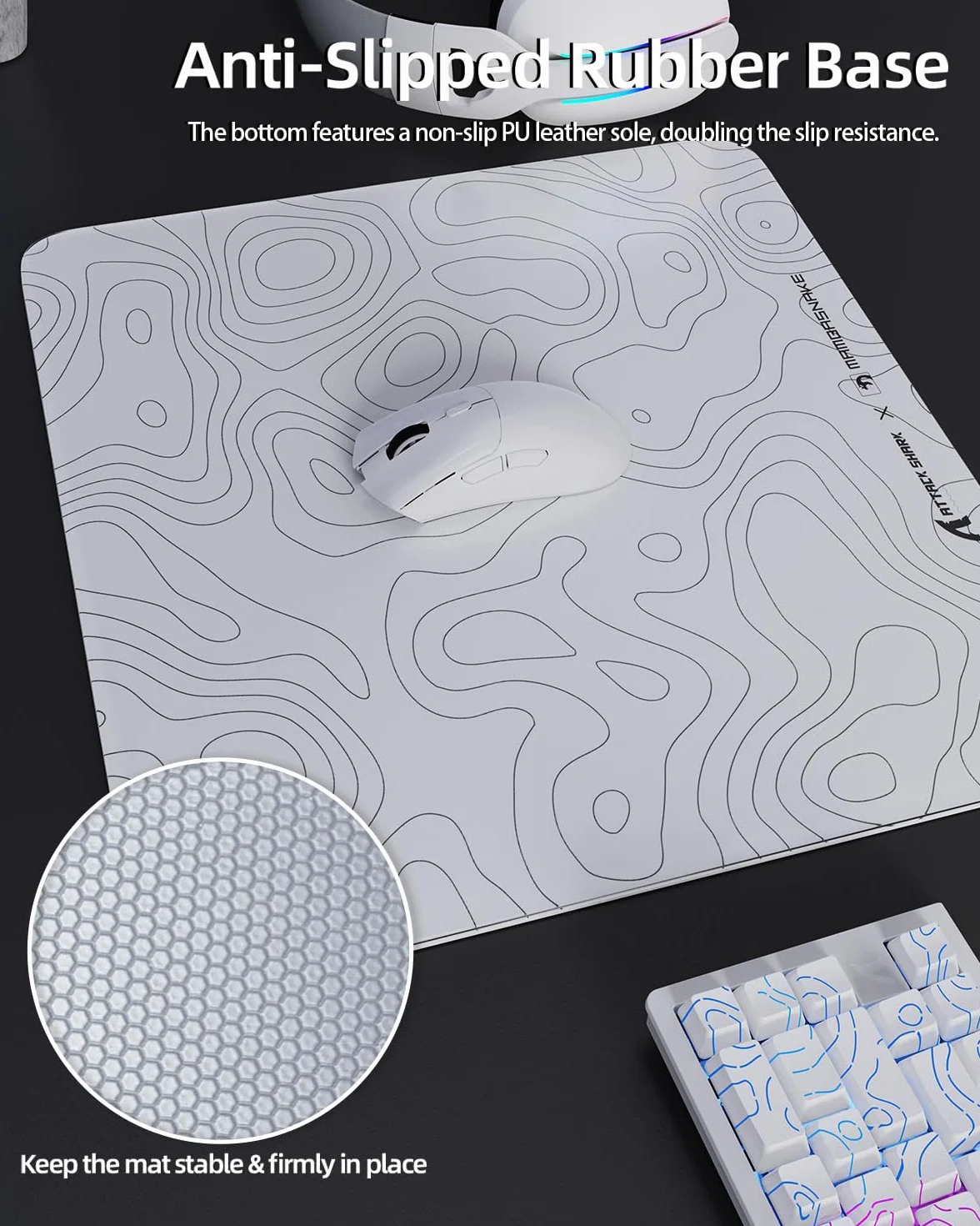 MAMBASNAKE x ATTACK SHARK CM05 Contour Glass Hard Gaming Mousepad,Nano-Micro-Etched Texture,Smooth Glass Surface,High Accuracy,Fast-Moving,Anti-Scratch, PU Leather Non-Slip Base, Large Size(450×400mm)