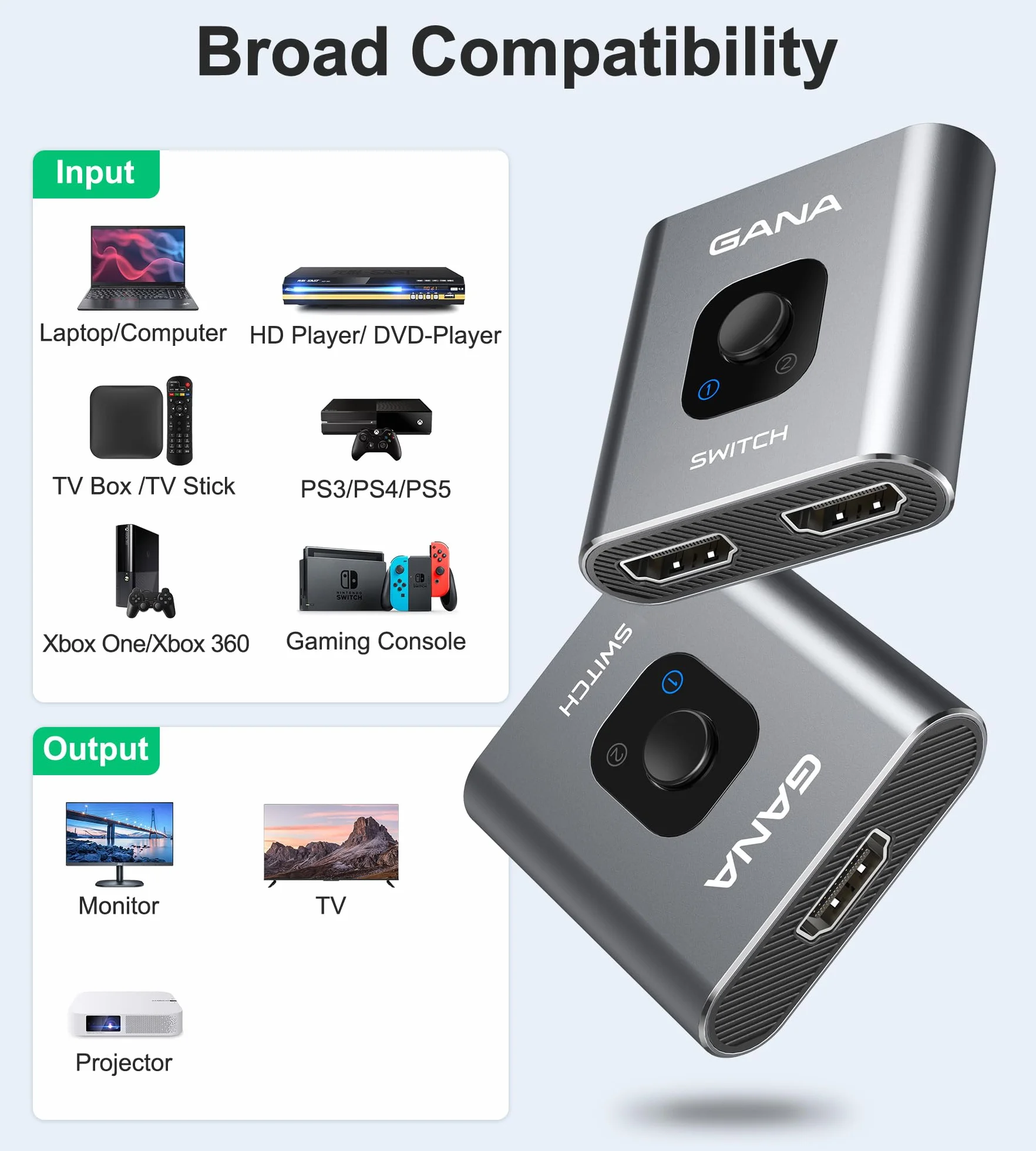 GANA aluminiowy dwukierunkowy przełącznik/rozdzielacz HDMI 4K (1 wejście i 2 wyjścia lub 2 wejścia i 1 wyjście), ręczny przełącznik HDMI obsługuje formaty HD, 4K i 3D dla HDTV / Fire Stick / Xbox . PS3 / PS4 (kolor losowy)