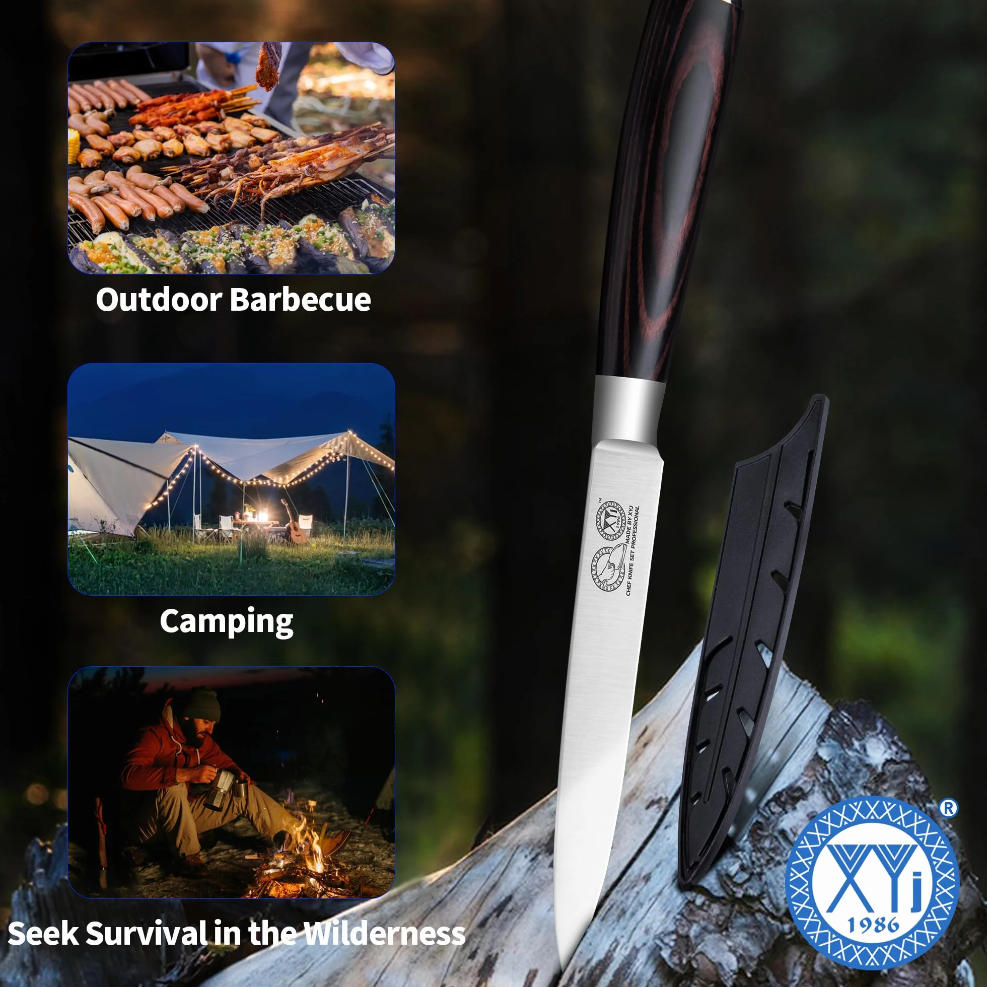 XYJ Authentic Since 1986,5 Inch Kitchen Knife, Stainless Steel Japanese Utility Knife, Meat Cleaver for Meat Cutting,Pakka Wood Handle,Plastic Edge Guard Protector,Chefs Knife