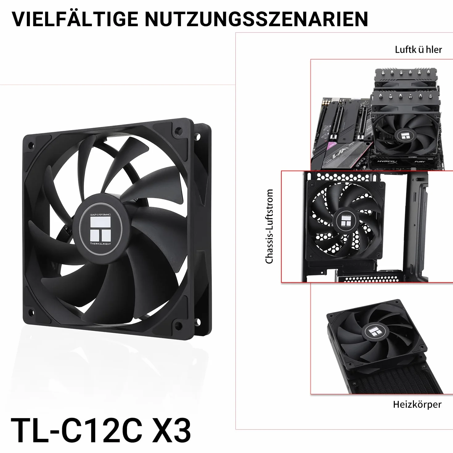 TR-Thermalright TL-C12C X3 120 mm CPU PWM Lüfter, 1550 obr./min ciche chłodzenie, Schwarzer CPU-Lüfter 3er-Pack, Kann mit Podwozie/CPU-Kühler gekoppelt werden