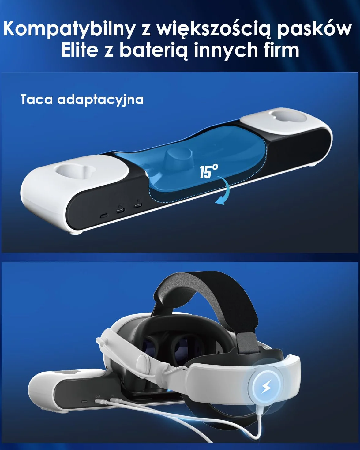 Stacja ładowania Quest 3 z drop-in charging headsets i kontrolerami akcesoria z 2 akumulatorami