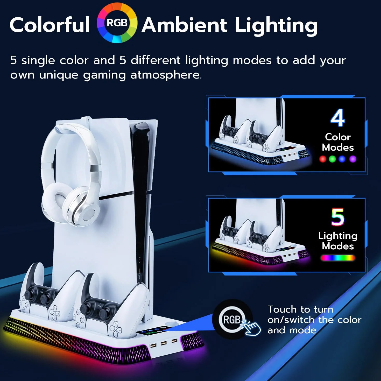 Wigearss Pionowa stacja chłodząca z wentylatorem PS5 Slim, ładowarką z dwoma kontrolerami i podświetleniem RGB dla PS5/PS5 Slim/PS5 Pro