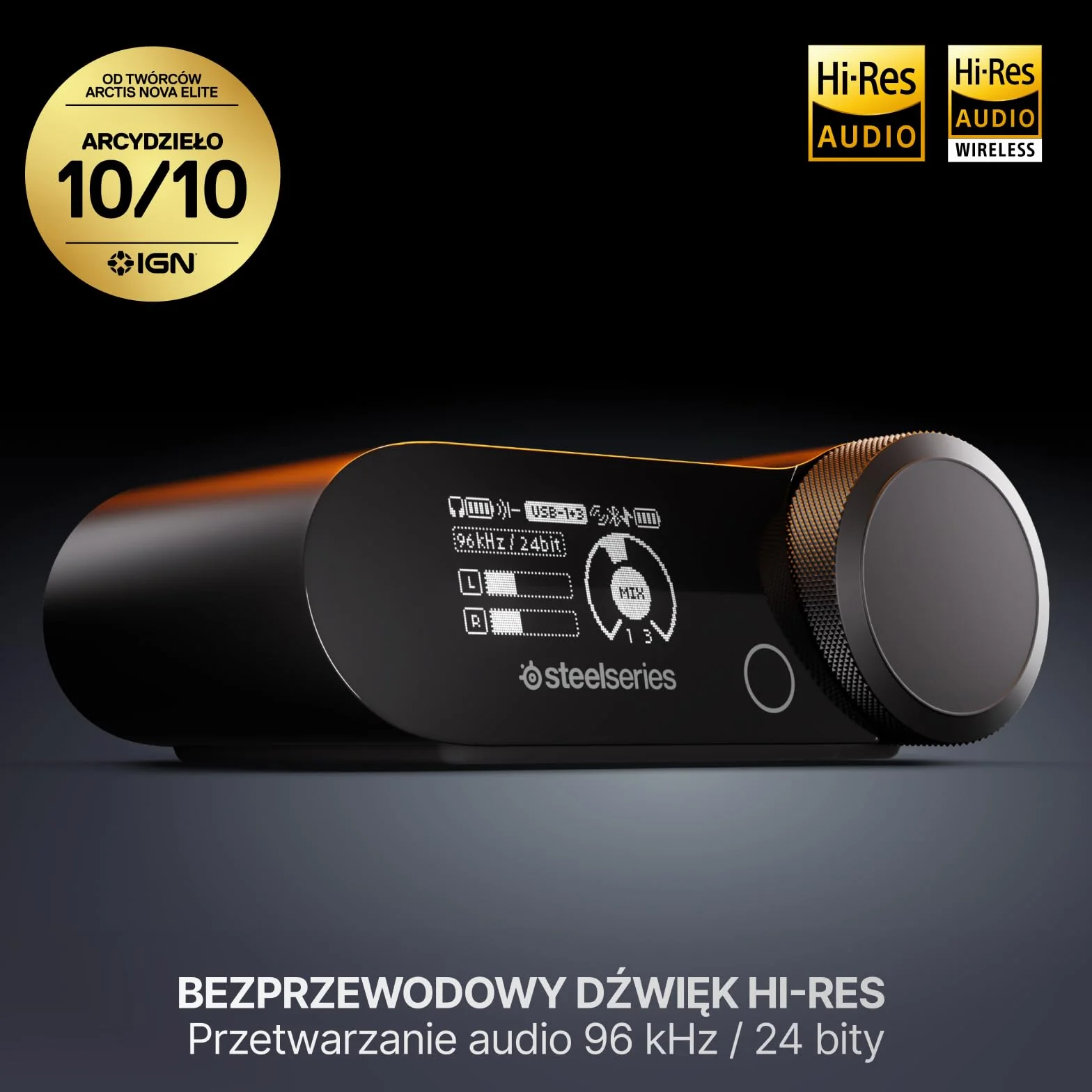 SteelSeries Arctis Nova Pro Omni – Bezprzewodowy dźwięk Hi‑Res, 96kHz/24bit, ANC, mikrofon ClearCast Pro, redukcja szumów AI, aplikacja mobilna, Mix 2,4GHz + BT, OmniPlay PC+PlayStation+Xbox – Grafit