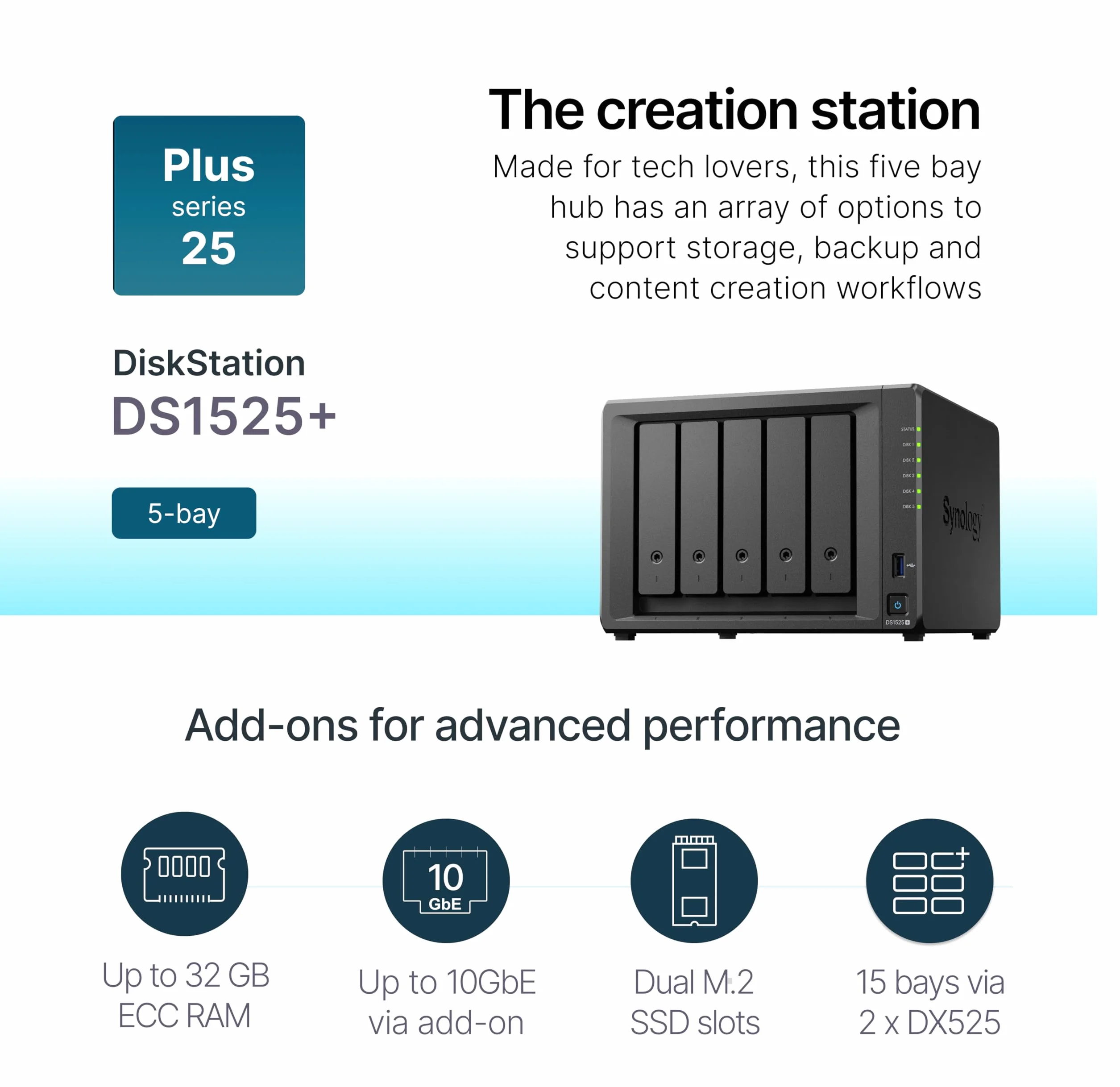 Synology Rozszerzalny zestaw NAS z 5 wnękami, DS1525+ AMD RyzenCPU z pamięcią 8 GB, użytkownicy standardowi 2,5 GbE, autoryzowany sprzedawca krajowy, Field Lake, obsługa telefonu, DiskStation