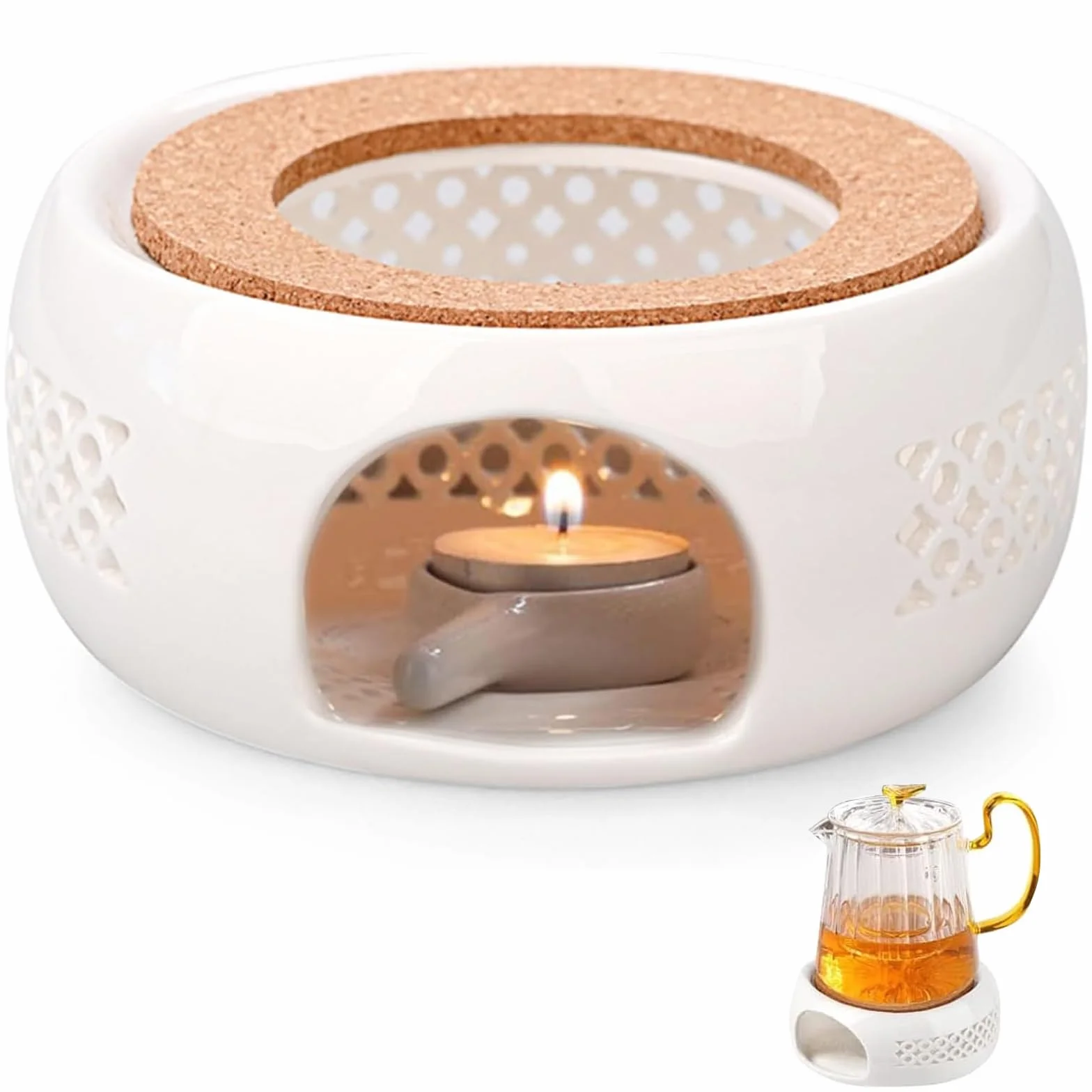 Porcelanowy podgrzewacz do czajnika, klasyczny podgrzewacz do herbaty z poduszką z korka + łyżka, pusta rzeźbiona konstrukcja, podstawa czajnika podgrzewacz do herbaty, wielofunkcyjny podgrzewacz do