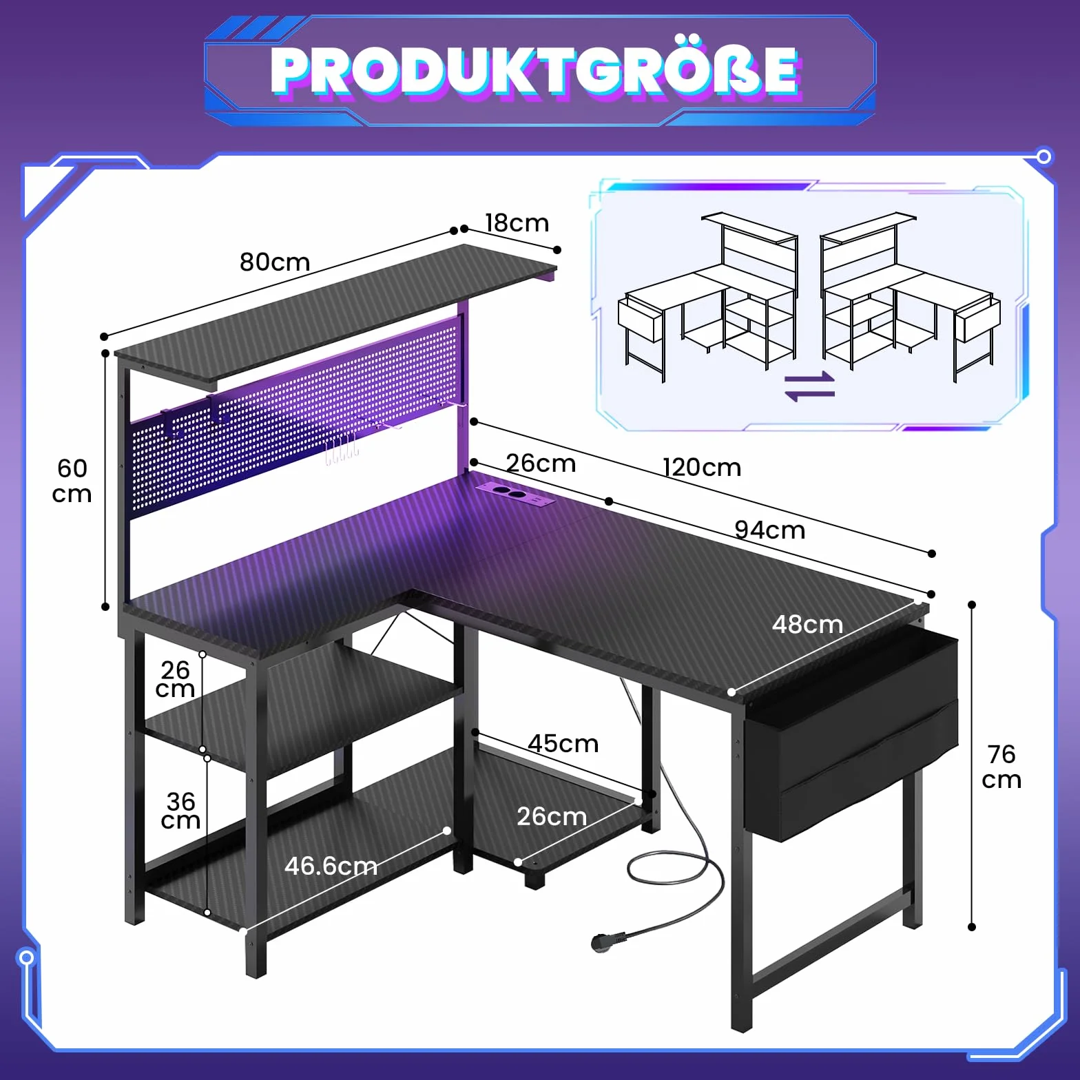 YOUDENOVA Biurko gamingowe w kształcie litery L z diodami LED, gniazdkiem i wejściem USB, dwustronne biurko narożne z regałem, 120 x 80 cm, biurko komputerowe z uchwytem na PC, stół dla graczy do