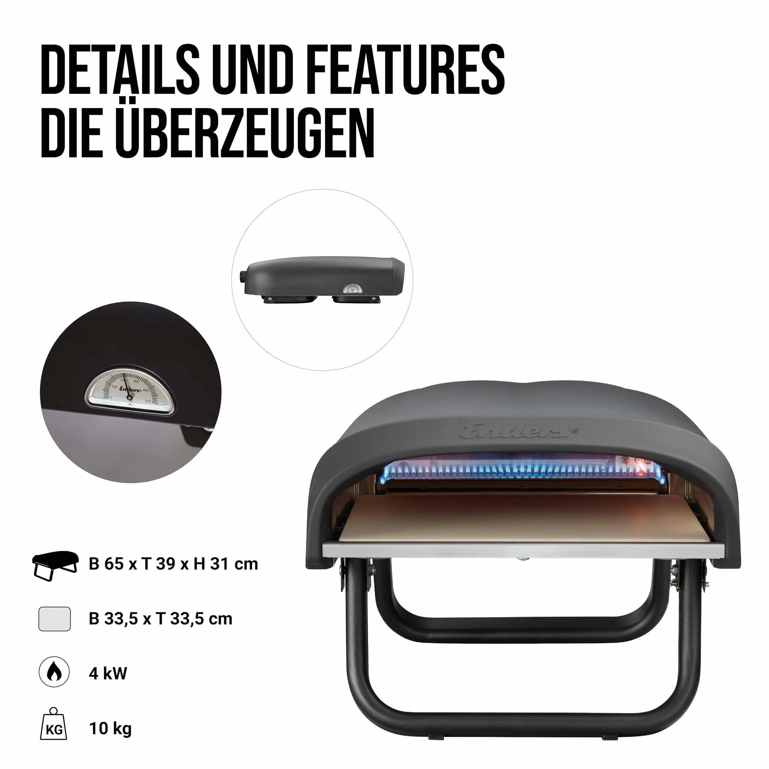 Enders® Piec do pizzy Paco™, kamień do pizzy, termometr, palnik do pizzy, palnik ze stali nierdzewnej, 4 kW, kamień do pizzy kordierytowej, regulowany bezstopniowo palnik ze stali nierdzewnej #31306