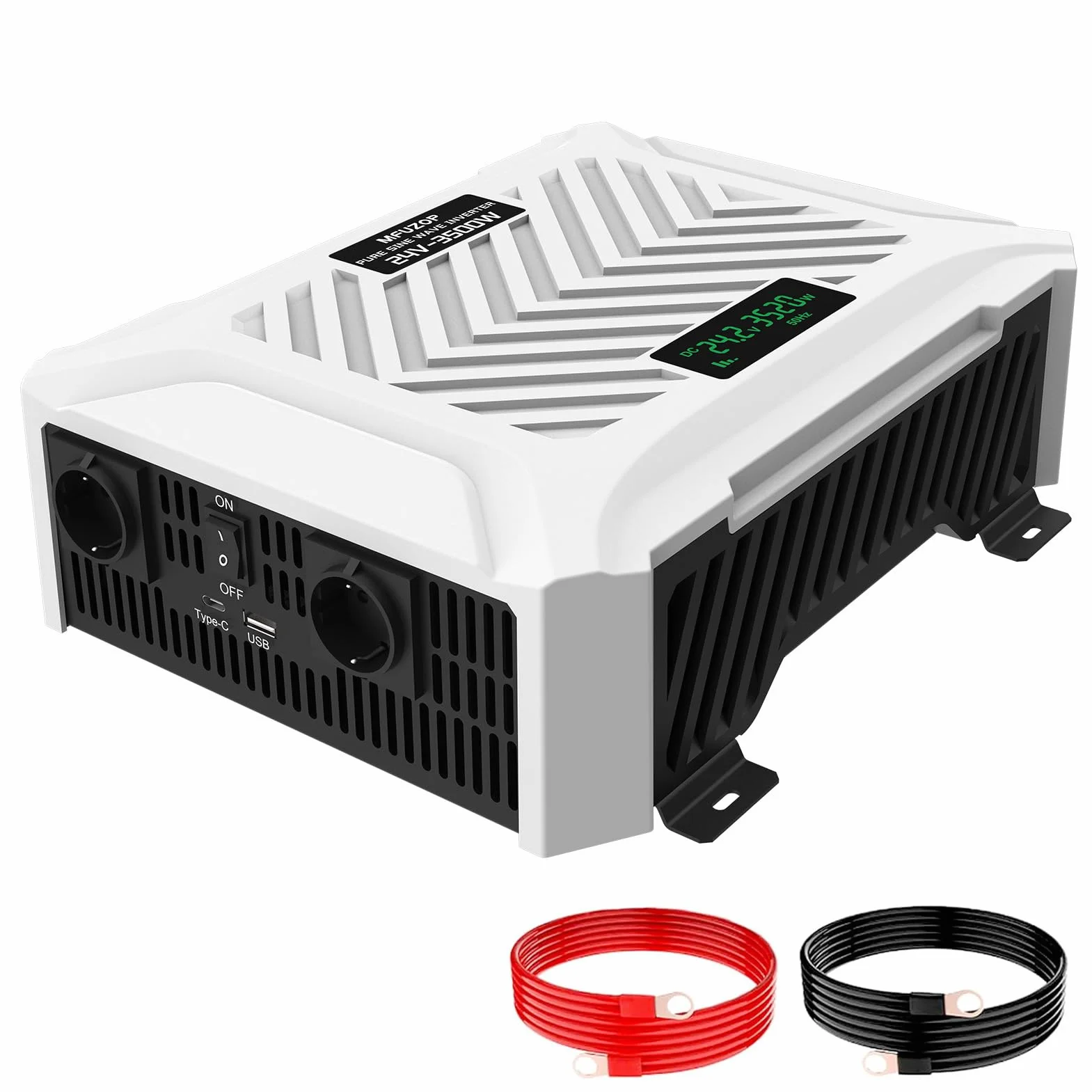 Przetwornica 24V 230V Czysty Sinus 3500W/7000W konwerter Spänningsomvandlare z 2 Gniazdami EU, 1 Portem Type-C, Portem USB 2.1A, Wyświetlaczem LCD, Do Samochodów Kempingowych, Ciężarówek, Kempi