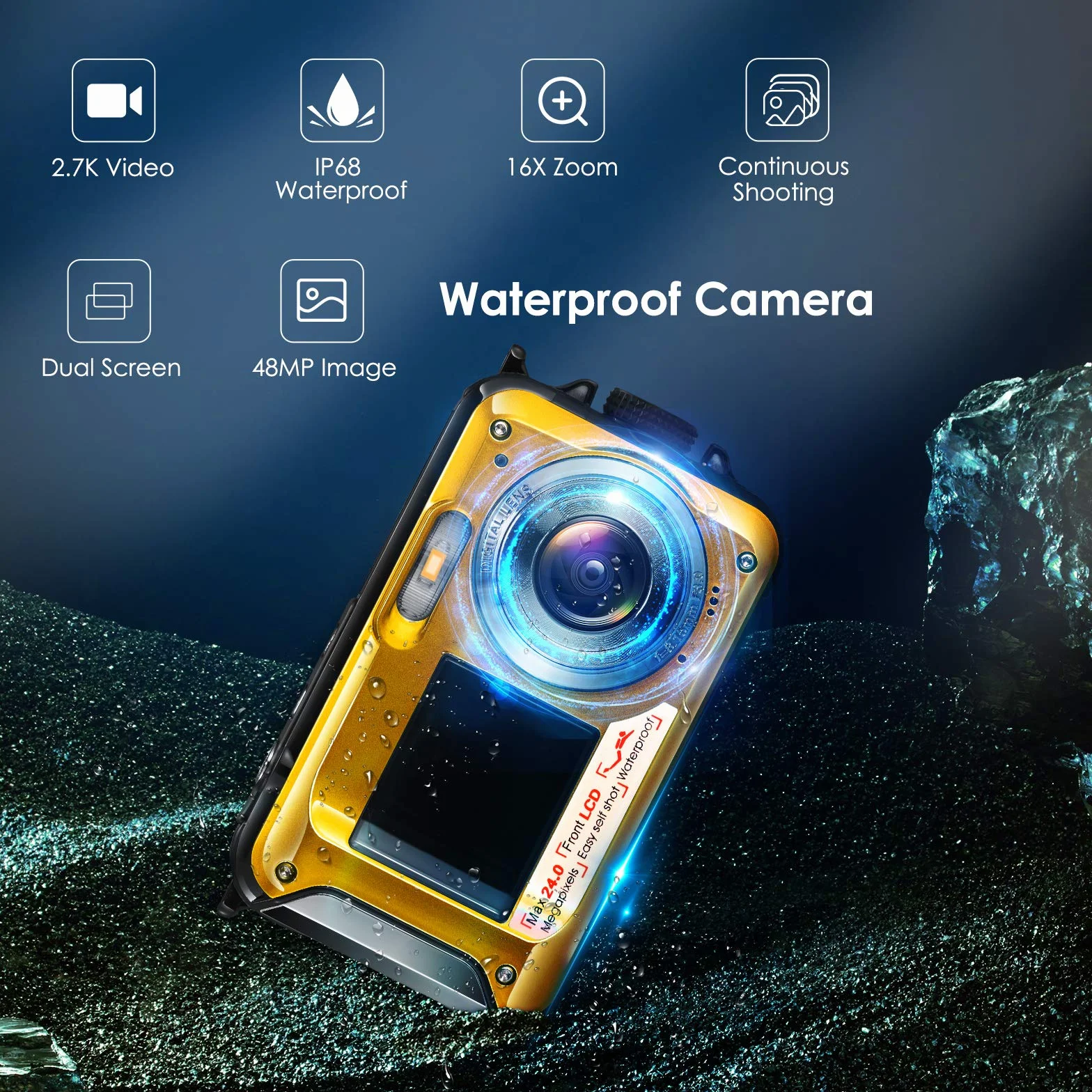 Aomdom Full HD 2,7K 48MP wodoodporna kamera do nurkowania z zoomem cyfrowym 16 x wodoodporna kamera z podwójnym ekranem Sport Camera z opóźniającym mikrofonem LED