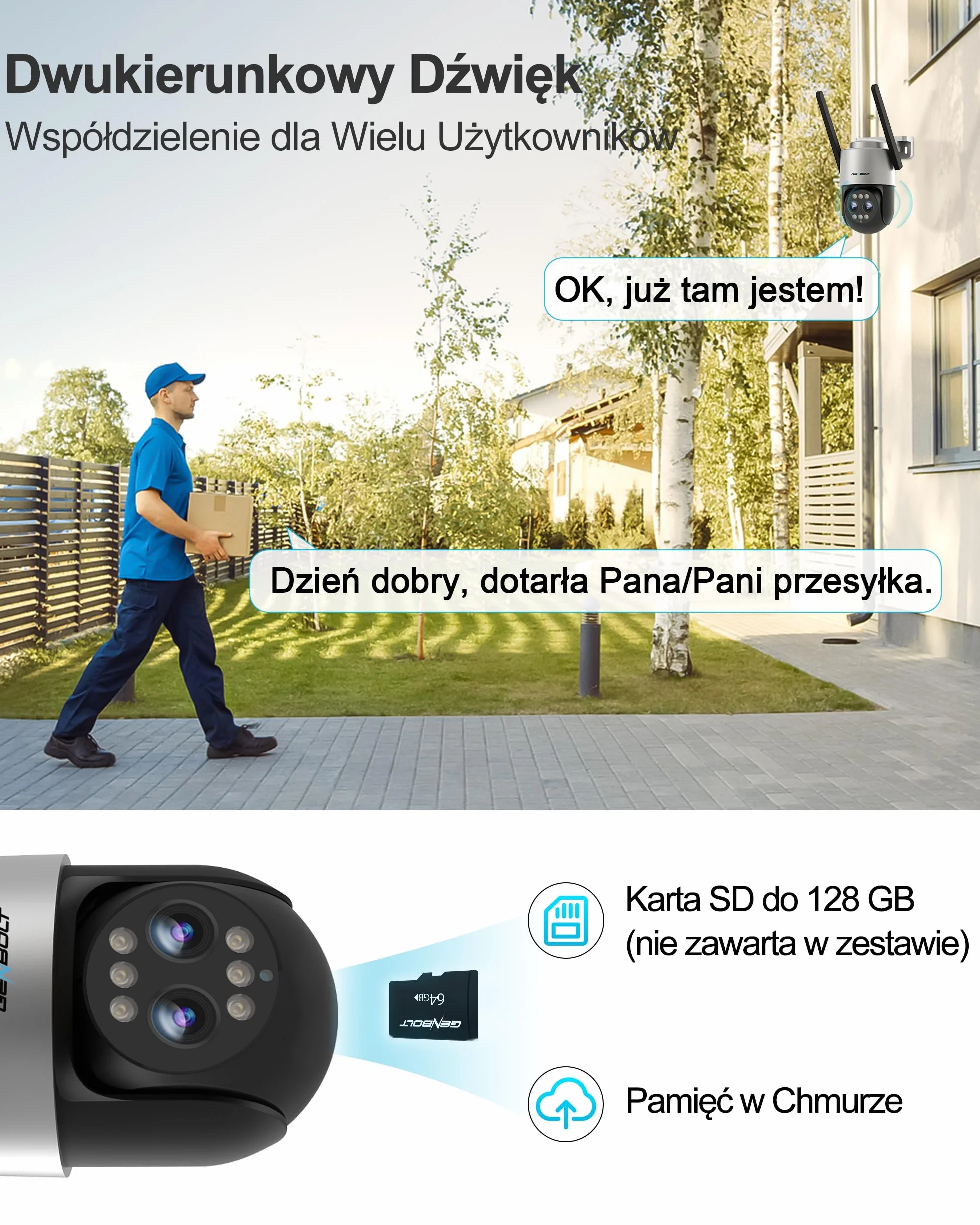 GENBOLT 2.5K Kamera PTZ WiFi do Użytku na Zewnątrz,Obsługująca POE, Podwójna IP 4MP Domowa Kamera Monitorująca,10-Krotny Zoom Hybrydowy,CCTV Kolorowy Tryb Nocny,Automatyczne Śoledzenie (2,4/5GHz)