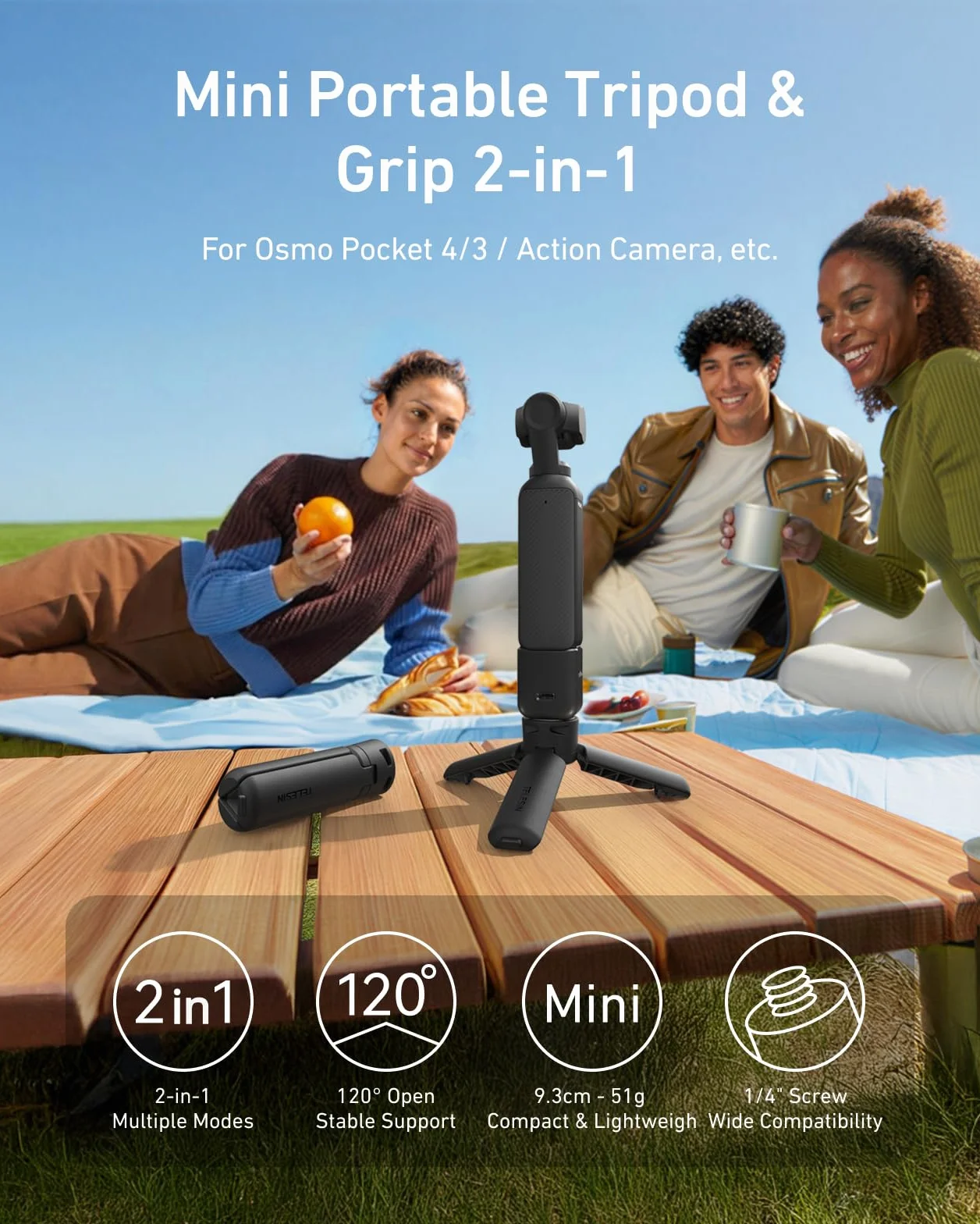 TELESIN Mini statyw i uchwyt 2 w 1 do DJI Osmo Pocket 3 & Action 6/5 Pro/4/3