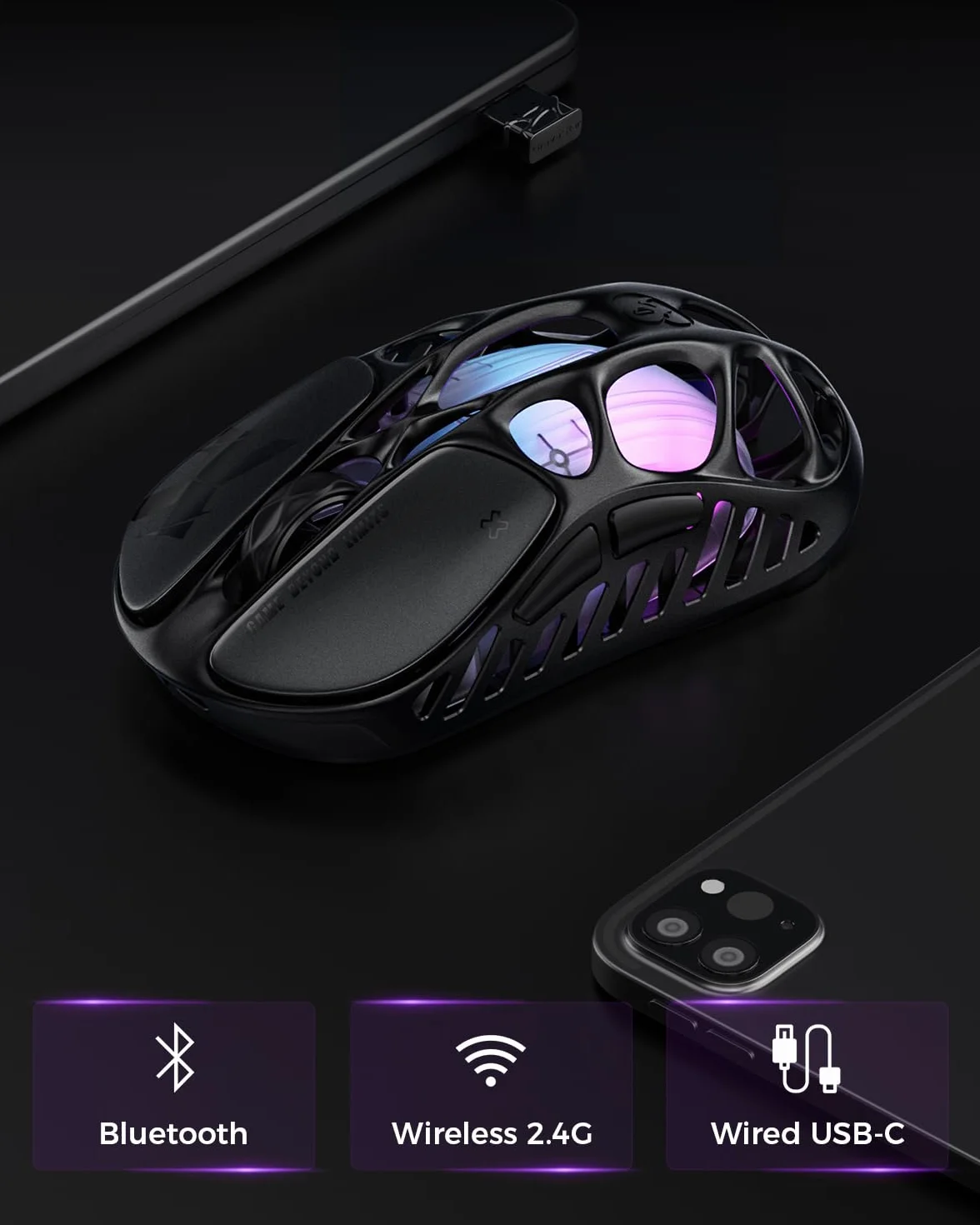 GravaStar Bezprzewodowa mysz do gier Mercury X – czujnik 32 000 DPI PAW 3950, częstotliwość odpytywania 1000 Hz, tylko 49 g, pusta ramka ze stopu magnezu, oświetlenie RGB, 5 programowalnych przycisków