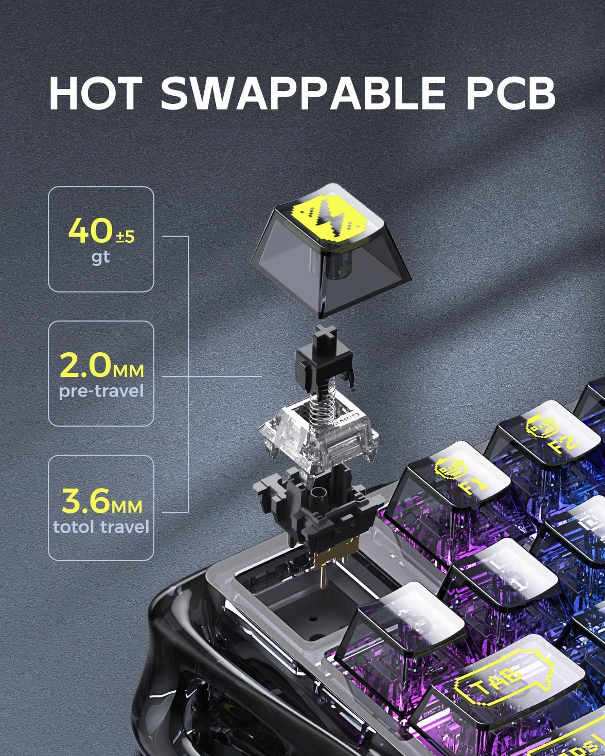 GravaStar Mercury K1 Lite Klawiatura Bezprzewodowa, 75% RGB Wymiana na gorąco Klawiatura Niestandardowa, Wstępnie Nasmarowane Przełączniki Liniowe Klawiatura Mechaniczna, Przezroczysty Czarny