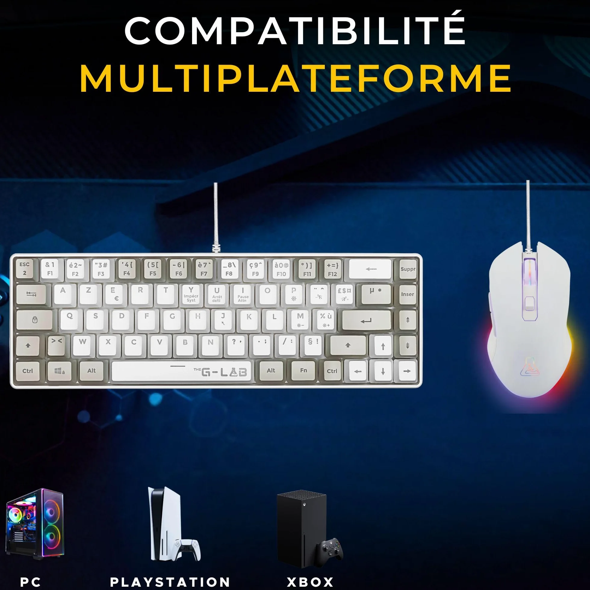 G-Lab Hydrogen Combo Pakiet klawiatury dla graczy 60% przewodowa gamingowa RGB Azerty FR + mysz 6200 DPI PC PS4 PS5