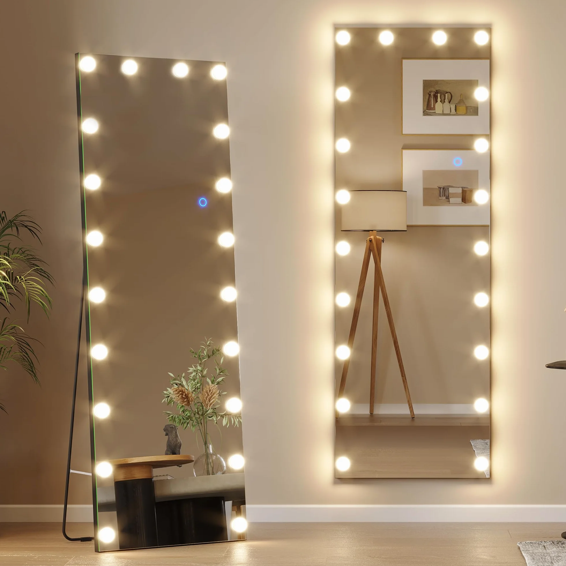 LVSOMT Lustro stojące na całe ciało z diodami LED, 155 x 50 cm, z oświetleniem, czarne