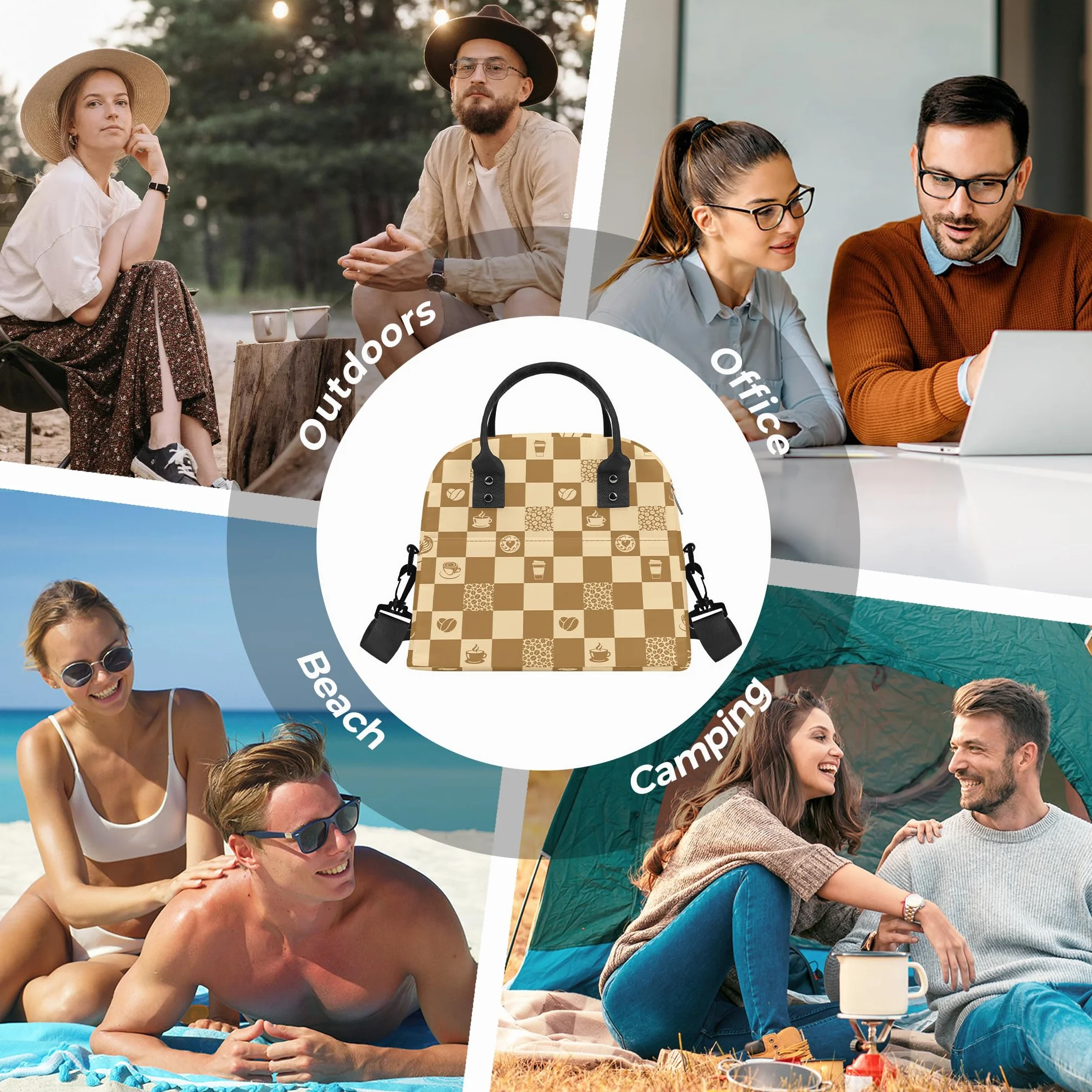 Clastyle Izolowana torba na lunch geometryczna duża torba na lodówkę z paskiem na ramię, brązowa
