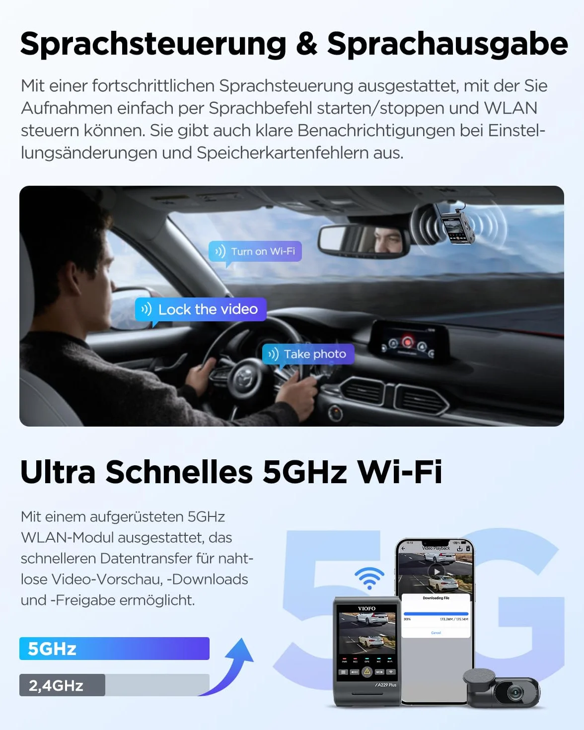 VIOFO A229 Plus 2K + 2K Dual STARVIS 2, HDR przednia tylna kamera samochodowa, sterowanie głosowe i kamera samochodowa Wi-Fi 5 GHz, ultra precyzyjny GPS, super noktowizor 2.0, duży wyświetlacz LCD