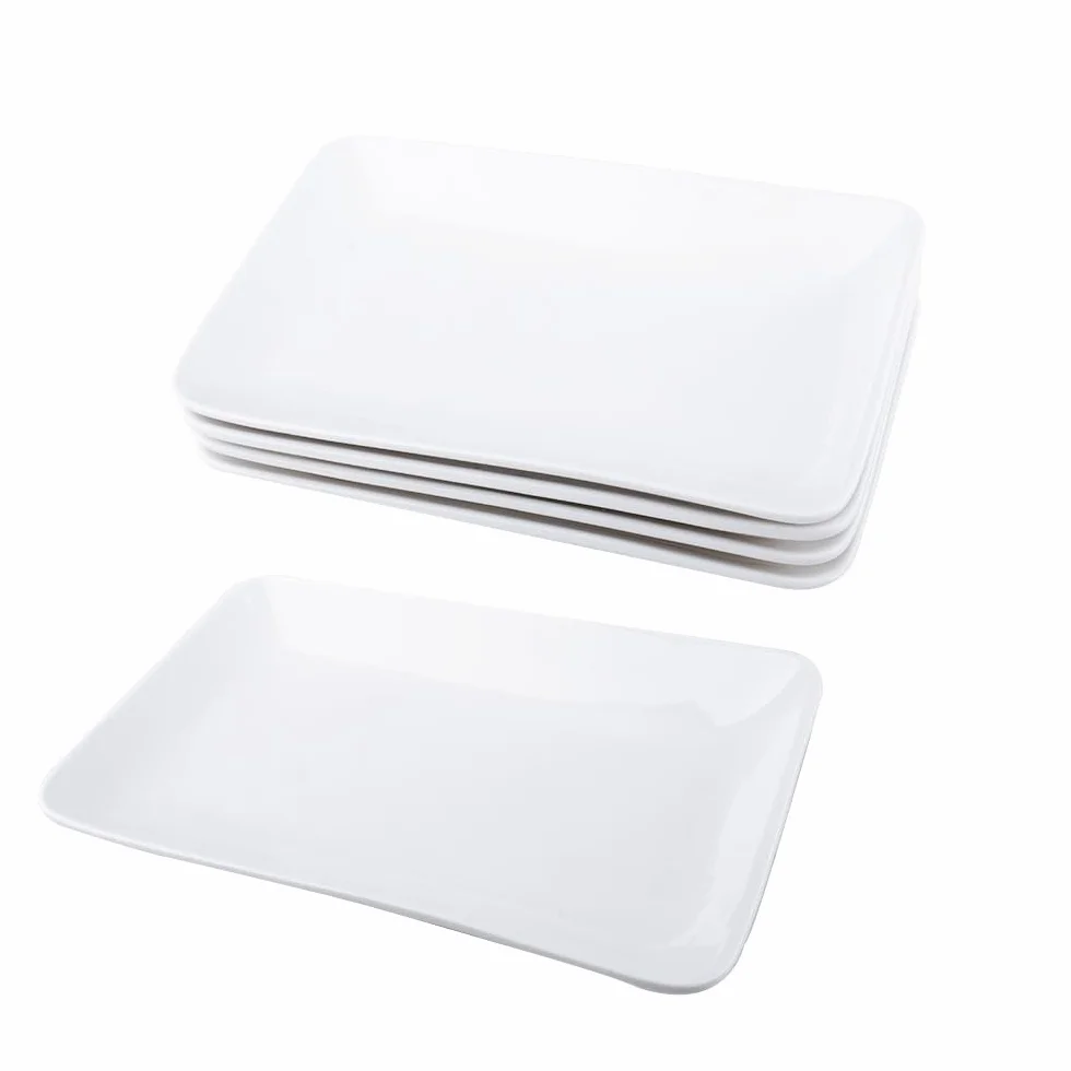 Porcelanowy półmisek do serwowania, zestaw 4 prostokątnych talerzy obiadowych, 24 x 15 x 3 cm, półmisek do serwowania, białe talerze ceramiczne, do bufetu, ciasta, sushi, przystawek | do domu
