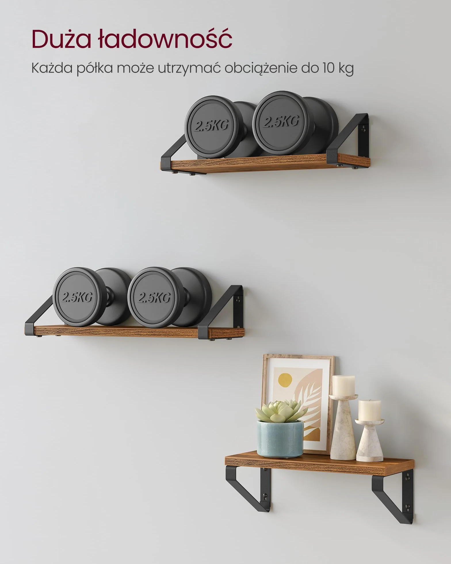 VASAGLE Regał ścienny, półka wisząca, 2 sposoby montażu, wisząca półka, do salonu, kuchni, biura, łazienki, rustykalny brąz i czarny LWS33BX