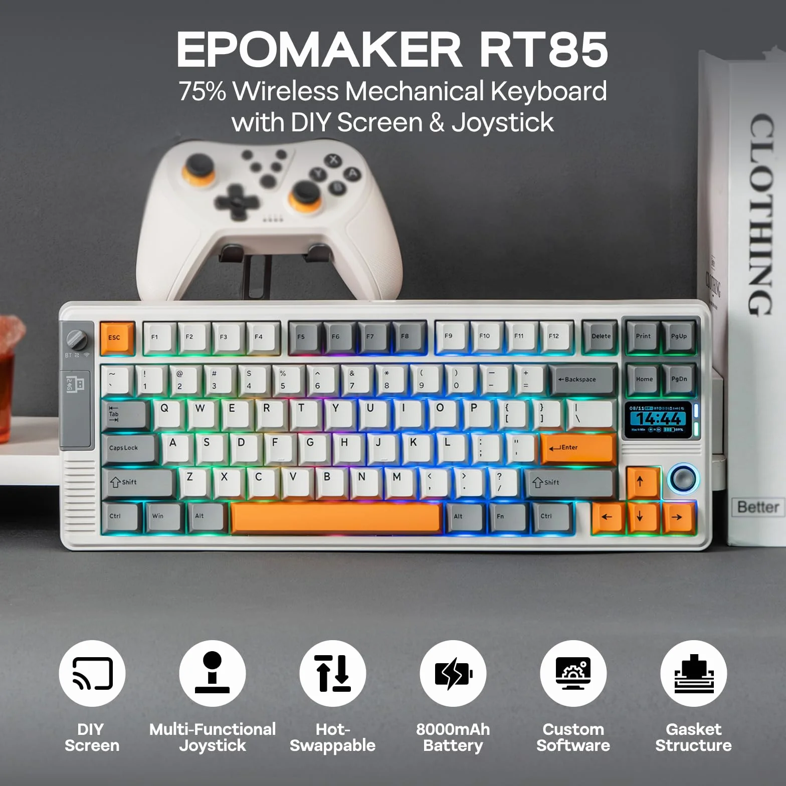 EPOMAKER RT85 bezprzewodowa klawiatura mechaniczna z joystickiem i ekranem DIY, 8000 mAh, BT/USB/2,4 GHz, uszczelka, 5-warstwowe wyściółki, Hot-Swap, nasadka klawiszy PBT, 75% klawiatura do gier