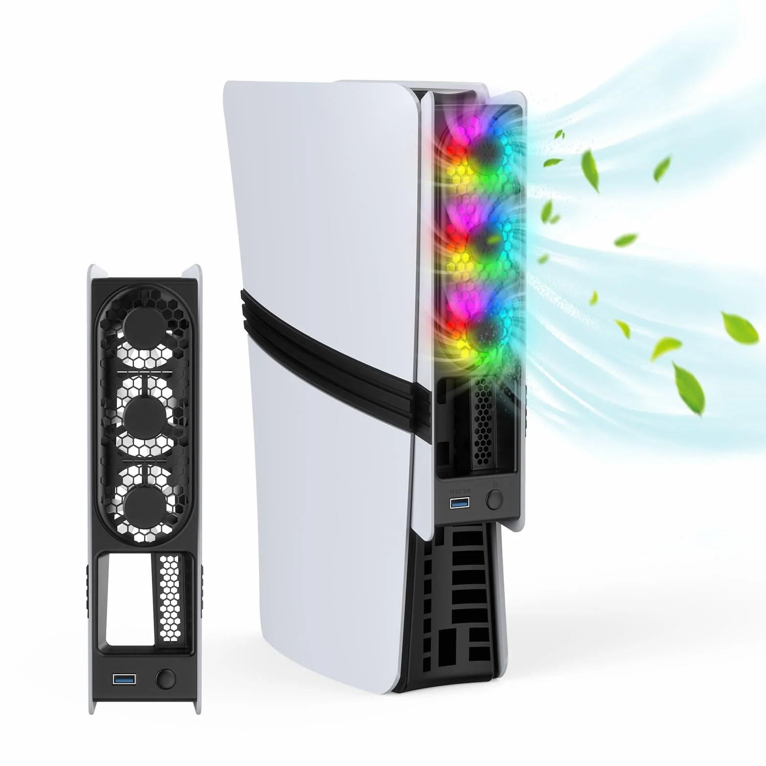 Wentylator chłodzący do konsoli PS5 Pro/Slim - szybkie chłodzenie z automatyczną regulacją temperatury, niski poziom hałasu, oświetlenie RGB i port USB 3.0 dla graczy i entuzjastów konsol,