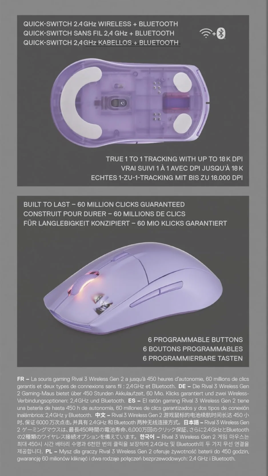 SteelSeries Rival 3 Wireless Gen 2 mysz do gier 2,4 GHz Bluetooth TrueMove Air 18000 DPI 60M kliknięć PTFE Lavendowy