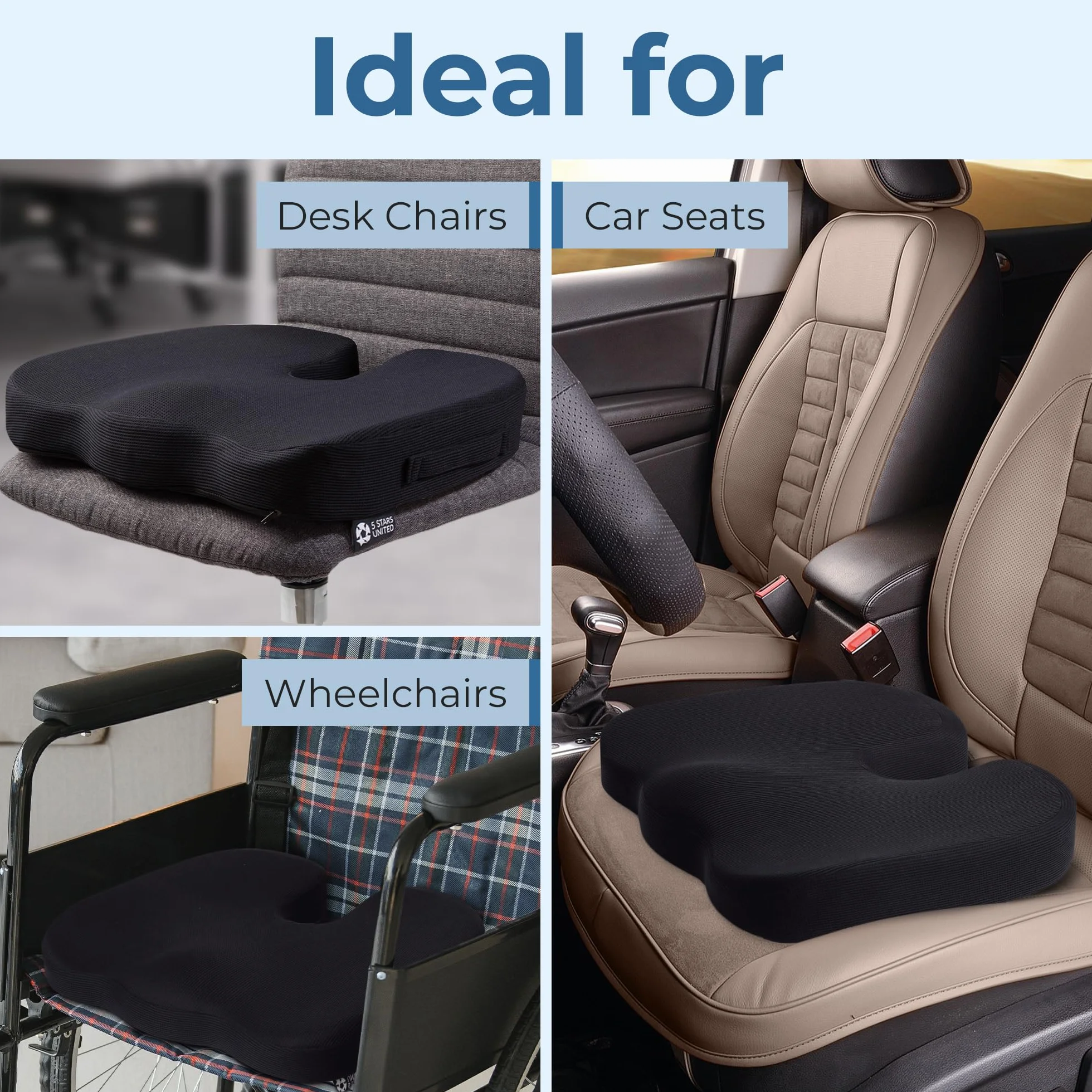 5 STARS UNITED Memory Foam Seat Cushion, ergonomic coccyx pad for office chair, sciatica & back pain relief, non-slip, portable, washable cover - black
