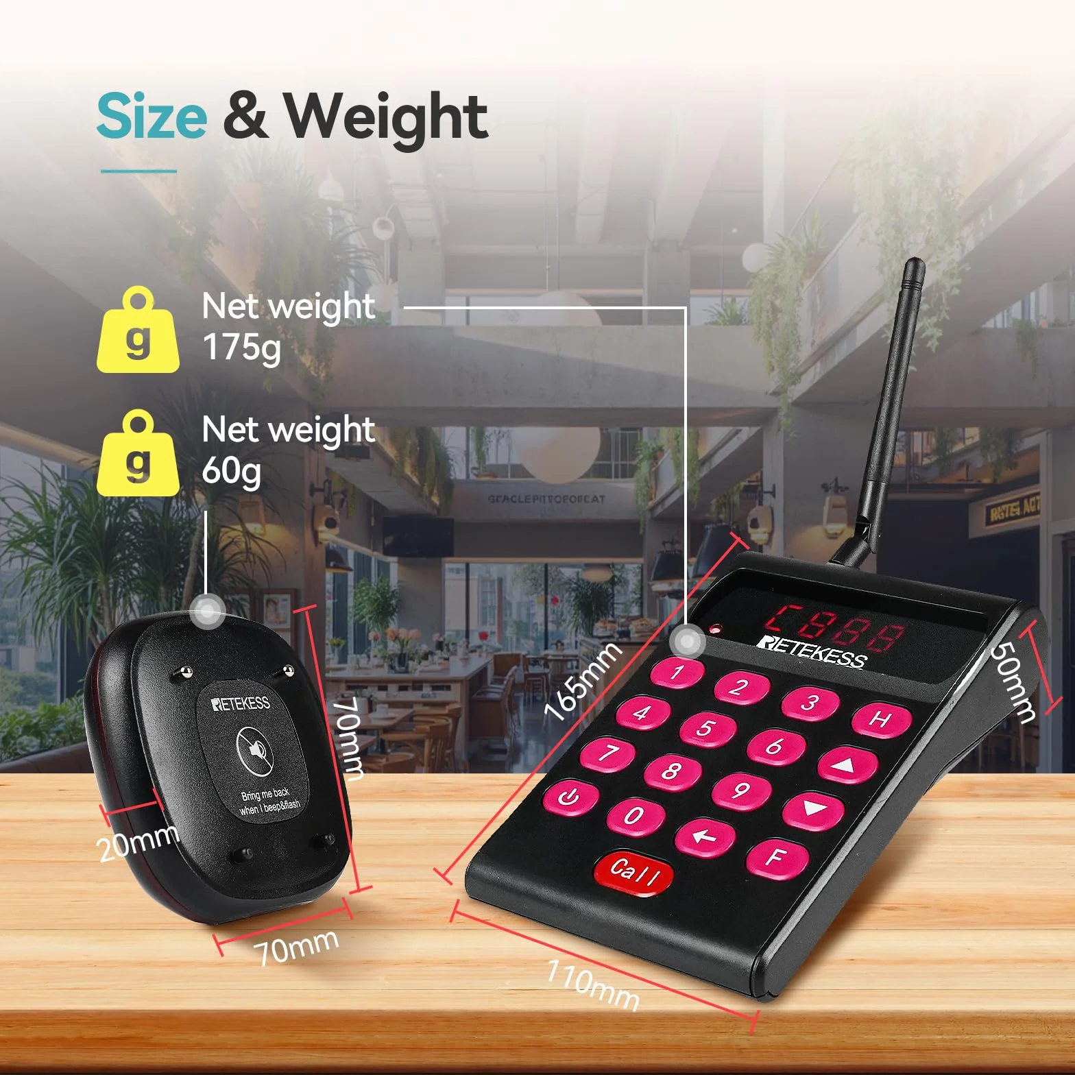 Retekess TD161 System Przywoławczy, 500M Pager Restauracyjny, 20 Pagerów, Klawiatura o Pojemności 1000 mAh, z Przyciskiem Wyciszenia, 7 Trybów Zachęty, ładowanie Indukcyjne, Pager do Kawiarnia, Bar