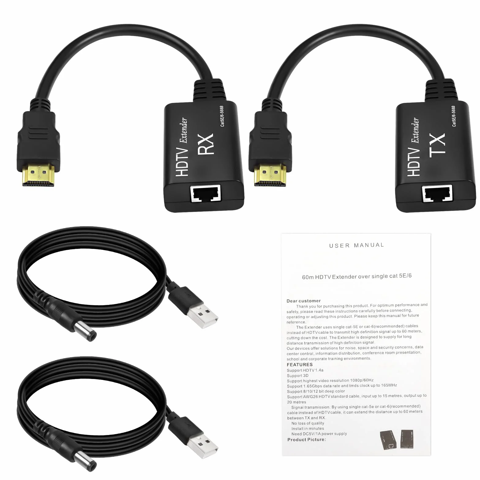 XMSJSIY Przedłużacz HDMI, męski na RJ45, przedłużacz sieciowy LAN, konwerter 60 m, wzmacniacz Over Cat 5e/6 1080p do 60 m, przedłużacz do HDTV HDPC 4K 2K (60 m) - konieczność regulacji odległości