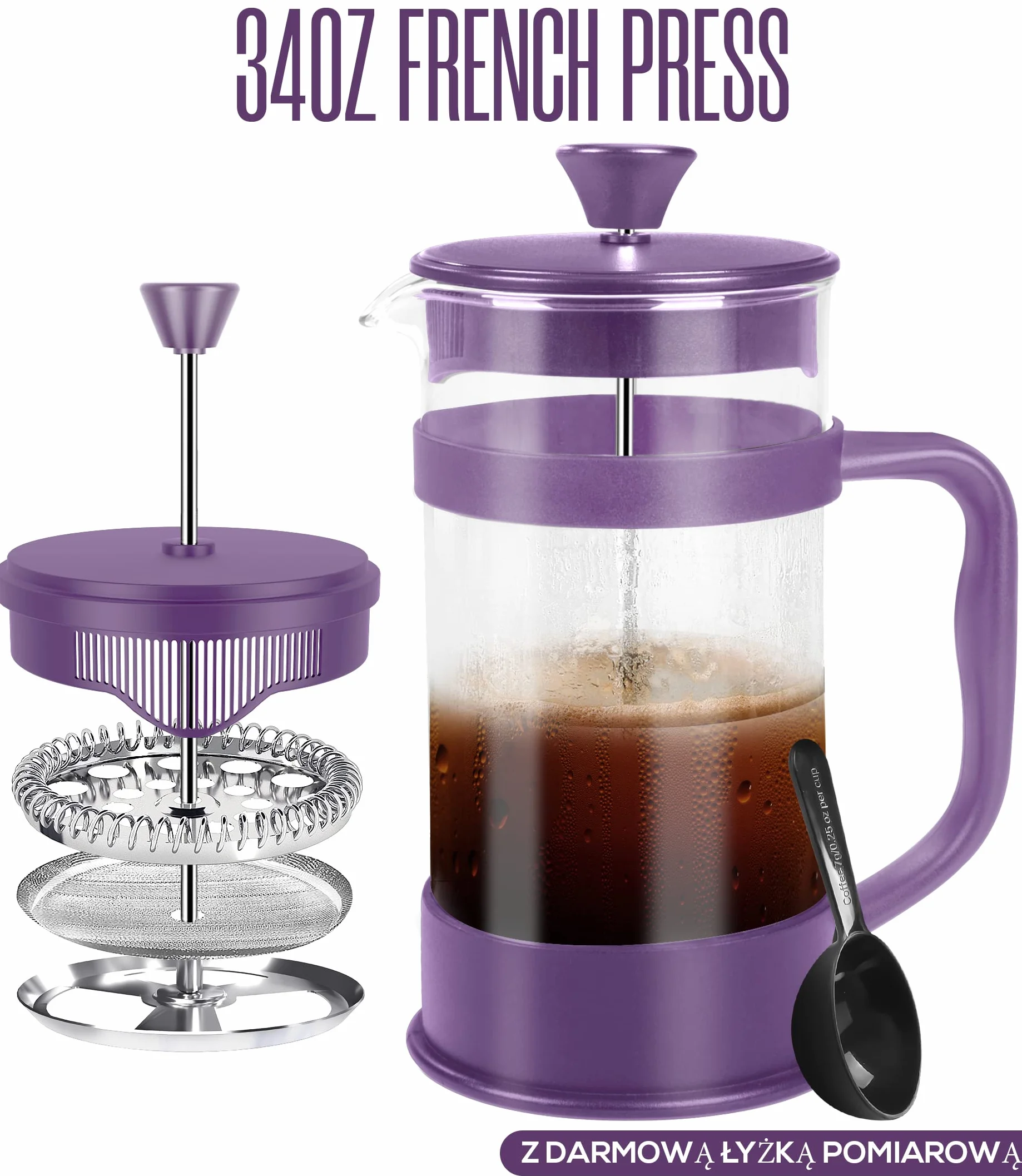 Kichly French Press coffee maker 1000 ml heat resistant glass steel plunger triple filter