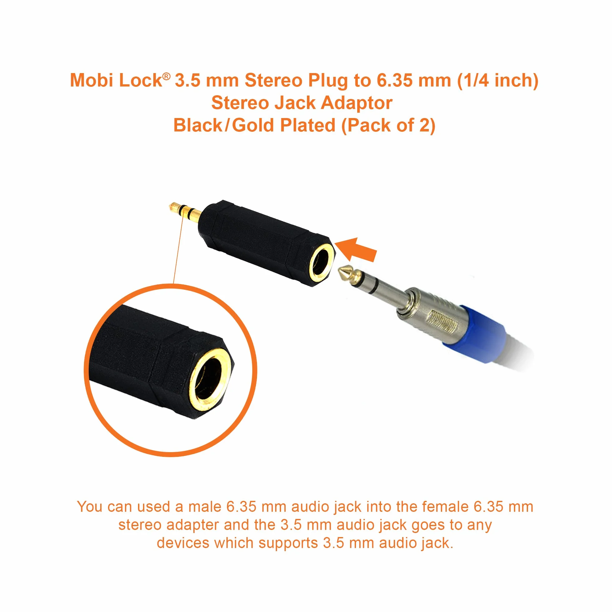 2 Sztuki Wtyk 3,5 mm do Gniazda 6,35 mm - Adapter Jack Audio Stereo 1/8 do 1/4 Cala - Łączy Urządzenia z Portem 3,5 mm z Urządzeniami Audio 6,35 mm - od Mobi Lock